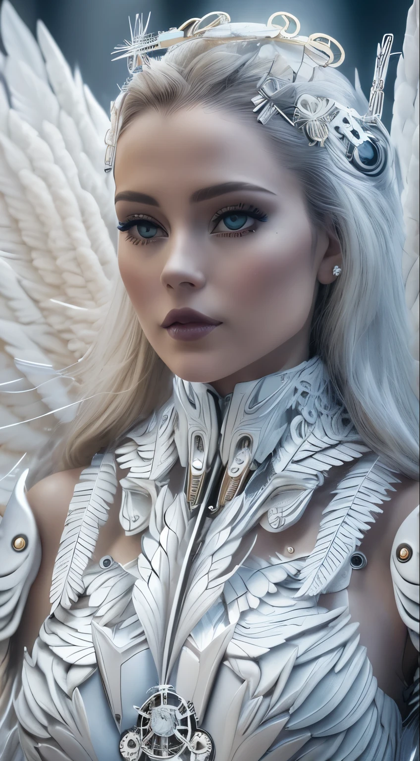 Close-up of a woman in a white dress with wings, full body angel, futuristic robot angel, amazing angel wings, angel knight gothic girl, angel in plastic armor, intricate costume designs, As a mysterious Valkyrie, Its whole body is made of white feathers,, futuristic and fantastic, white wings, beautiful angel wings, steampunk angel, beautiful cyborg angel girl, graceful wings