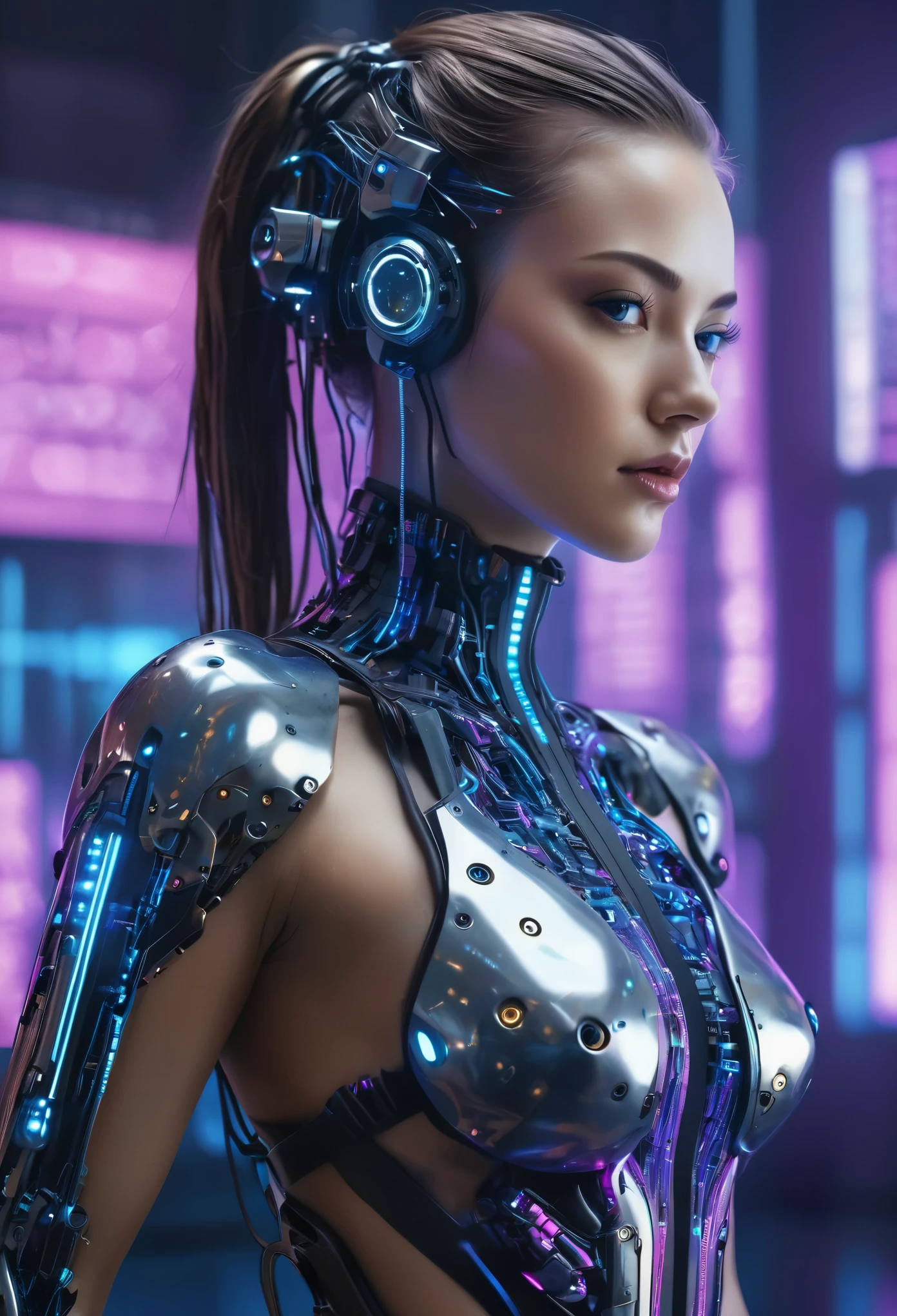 futuristic female cyborg hacker, sexy body (best quality,4k,8k,highres,masterpiece:1.2),ultra-detailed,(realistic,photorealistic,photo-realistic:1.37),sci-fi,concept artists,glowing neon lights,powerful presence,dystopian world,cyberpunk atmosphere,technological implants,intense gaze,multi-functional robotic arms,sleek and streamlined design,matrix-like digital background,blue and purple color palette,sharp focus,vivid colors,mysterious aura,artificial intelligence presence,keyboard interface,advanced hacking tools,enhanced vision with augmented reality display,subtle glowing circuits on her skin,confident and alluring pose,high-tech accessories,silver metallic textures,advanced cybernetic brain,cybernetic enhancements blending seamlessly with her body,complex code streaming in the background,seamless integration of human and machine,technological prowess,transcending boundaries between human and machine,embodying the fusion of beauty and technology,striking a balance between strength and femininity,representing the future of cybernetic advancements.