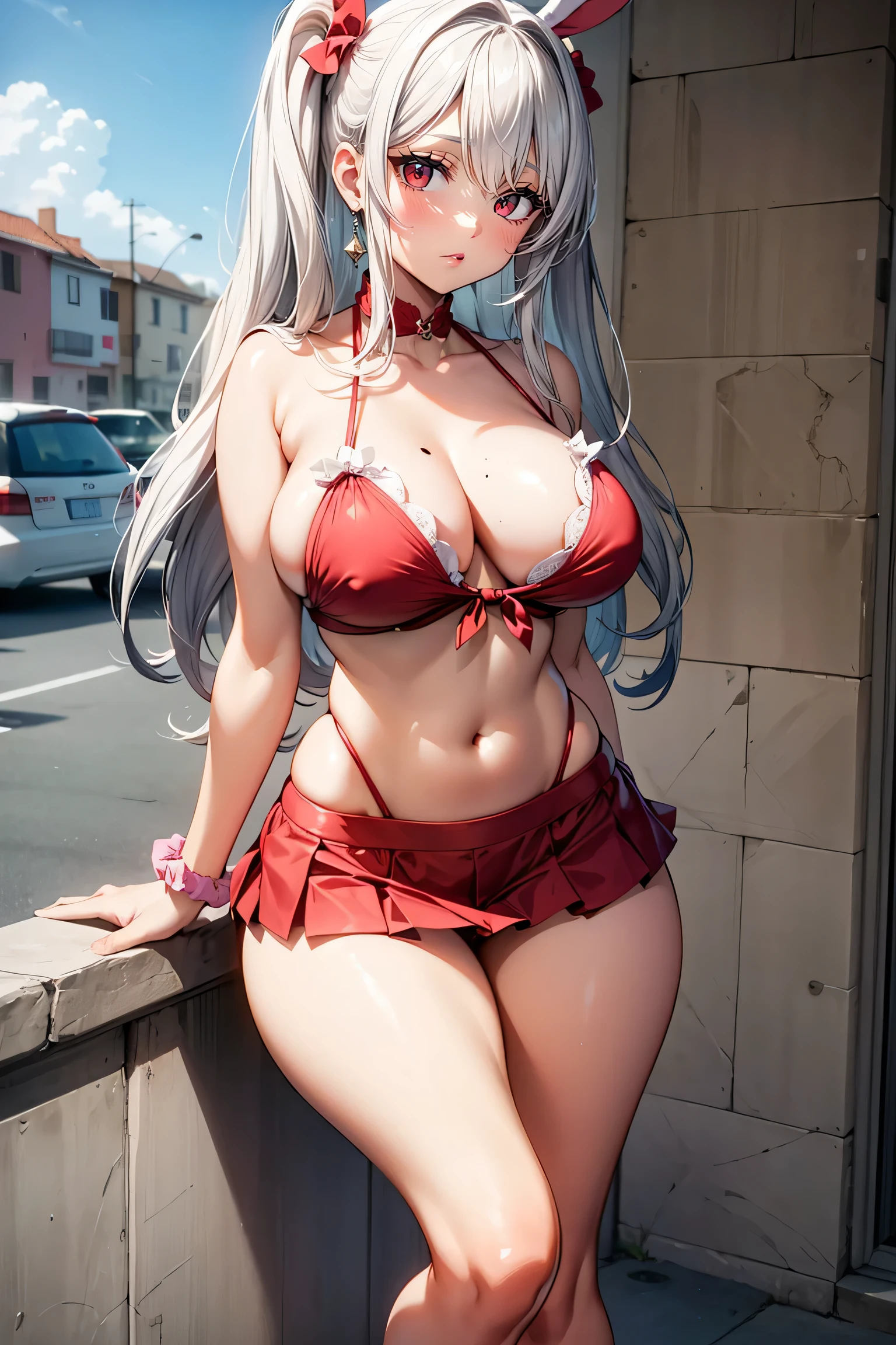 (1girl), red eyes, mature, mole onder eye,white hair, pigtails, long hair,, x ornament, big lips, pretty lips, ((gyaru)), gyaru hairstyle,good hips and long legs, hourglass shape, pretty face with arms and legs, 2 4 year old female model, sporty, photo of slim girl model, sexy, eastern, bunny ears, microskirt pink, mole under eye, scrunchie, x ornament