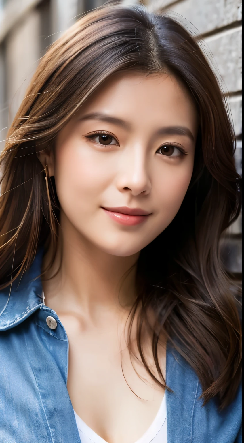 (best quality,High resolution,master piece:1.3),tall and beautiful woman,frontage,Long dark brown hair with loose waves,big breasts,V-neck white shirt,dark alley,Beautifully rendered facial and skin texture details,charming eyes,charming eyes,double eyelid