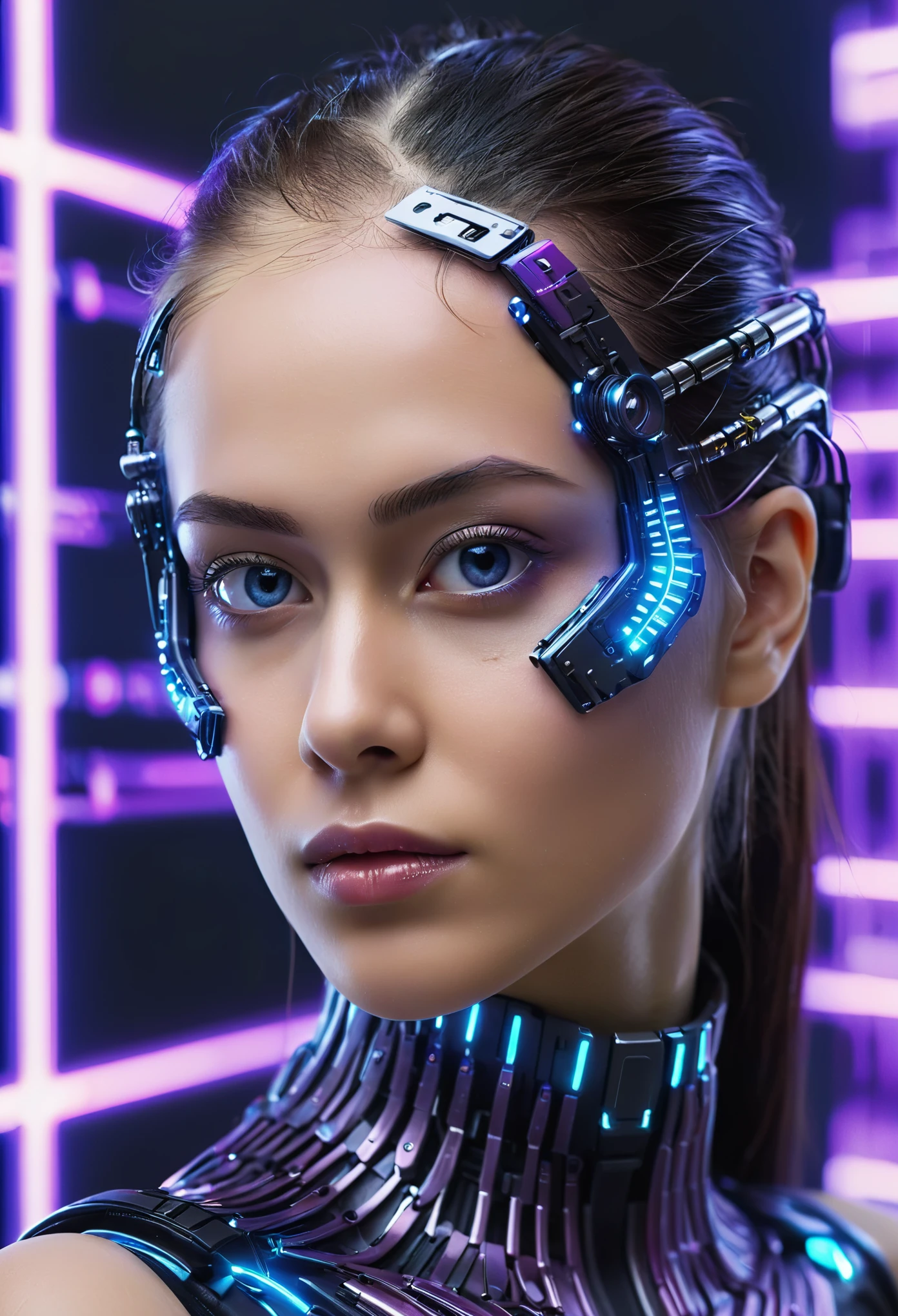 futuristic female cyborg hacker, sexy body (best quality,4k,8k,highres,masterpiece:1.2),ultra-detailed,(realistic,photorealistic,photo-realistic:1.37),sci-fi,concept artists,glowing neon lights,powerful presence,dystopian world,cyberpunk atmosphere,technological implants,intense gaze,multi-functional robotic arms,sleek and streamlined design,matrix-like digital background,blue and purple color palette,sharp focus,vivid colors,mysterious aura,artificial intelligence presence,keyboard interface,advanced hacking tools,enhanced vision with augmented reality display,subtle glowing circuits on her skin,confident and alluring pose,high-tech accessories,silver metallic textures,advanced cybernetic brain,cybernetic enhancements blending seamlessly with her body,complex code streaming in the background,seamless integration of human and machine,technological prowess,transcending boundaries between human and machine,embodying the fusion of beauty and technology,striking a balance between strength and femininity,representing the future of cybernetic advancements.