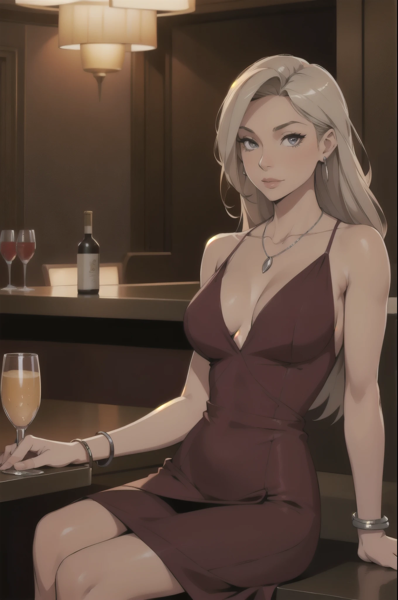 cute date night outfit, mature dirty blonde femme fatale, asymetric dress, in a classy hotel lobby, sitting at the bar, burgundy silk dress,  deep v, silver bangle, silver necklace, 40 years old
