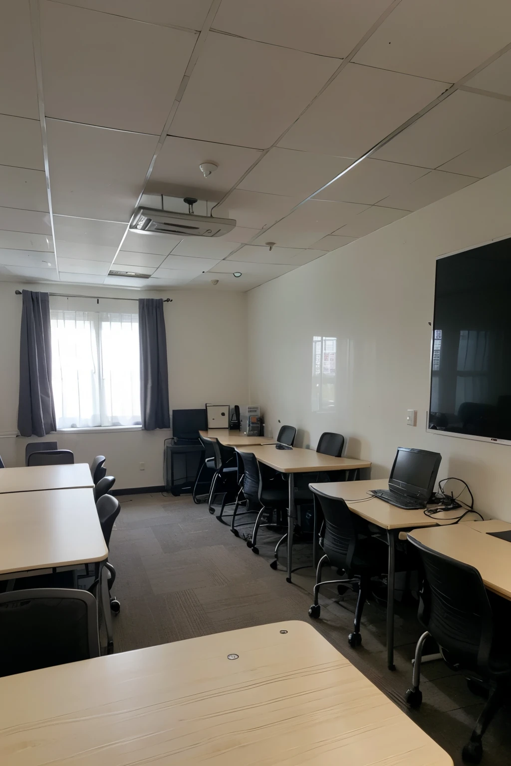 The structure of our room has 4 tables in each row, 3 vertical rows to the right of the room on the left we have the other two rows with 4 rows leaving two aisles between the three rows.
Hardware For each table we have a monitor we also have space for the projector which is in the center of the center row on the ceiling and the white board is located in front of the students next to the designated seat with a teacher's desk and chair black desk and monitor ,tenemos 6 ventanas a los lados de las filas de los laterales 3 de lado de fila derecha y 3 de lado izquierdo , we have a central air conditioning that is not working at the moment, pero tenemos dos ventiladores de techo funcionales , tenemos 6 luces cuadradas led en los techos dos luces sobre cada fila , Next to each 4 tables we have an input connector for 5 inputs. We also have designated areas for the storage of equipment and materials..