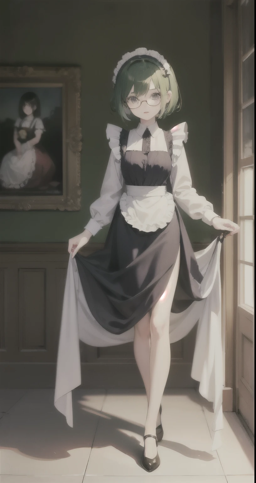 original costume, 1 girl, alone, short hair、round glasses、green hair、purple eyes、antique maid clothes、Shadow、detailed face、beautiful eyelashes、impressive eyes、whole body、front、Beautiful leg lines、Clear illustrations