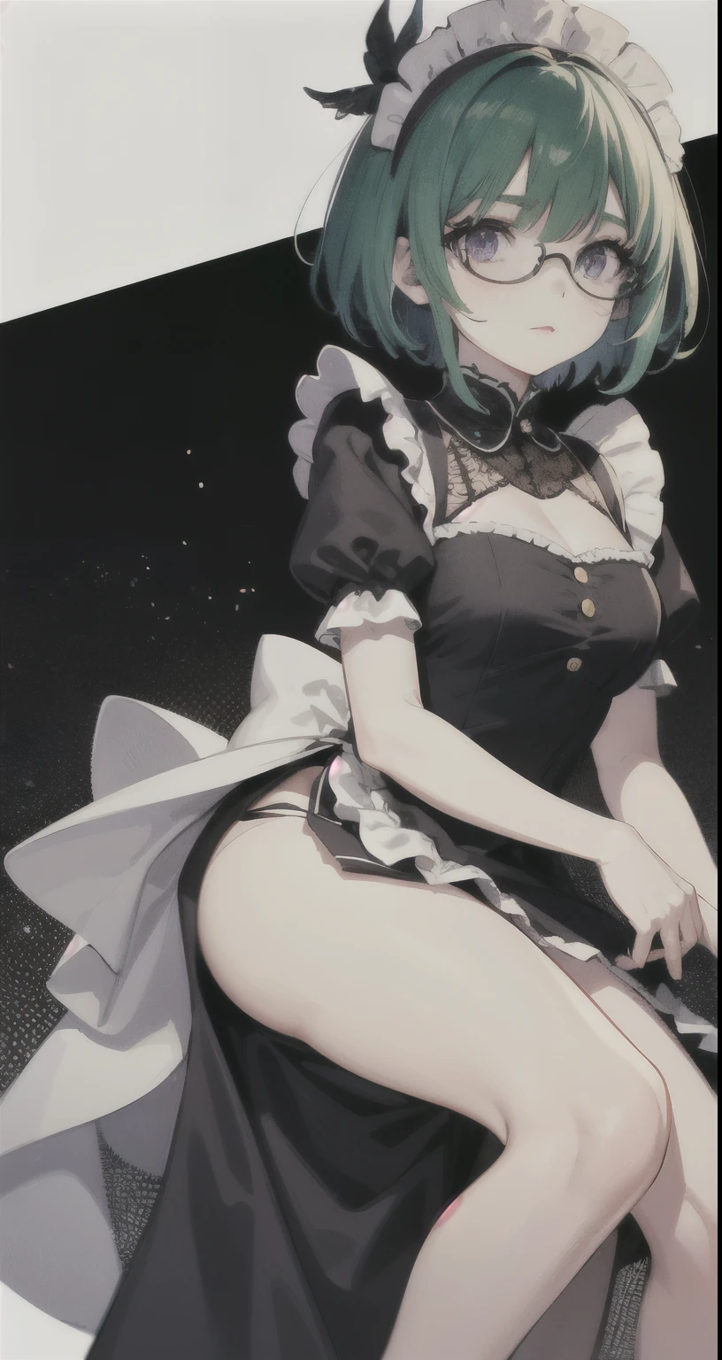 original costume, 1 girl, alone, short hair、round glasses、green hair、purple eyes、antique maid clothes、Shadow、detailed face、beautiful eyelashes、impressive eyes、whole body、front、Beautiful leg lines、Clear illustrations