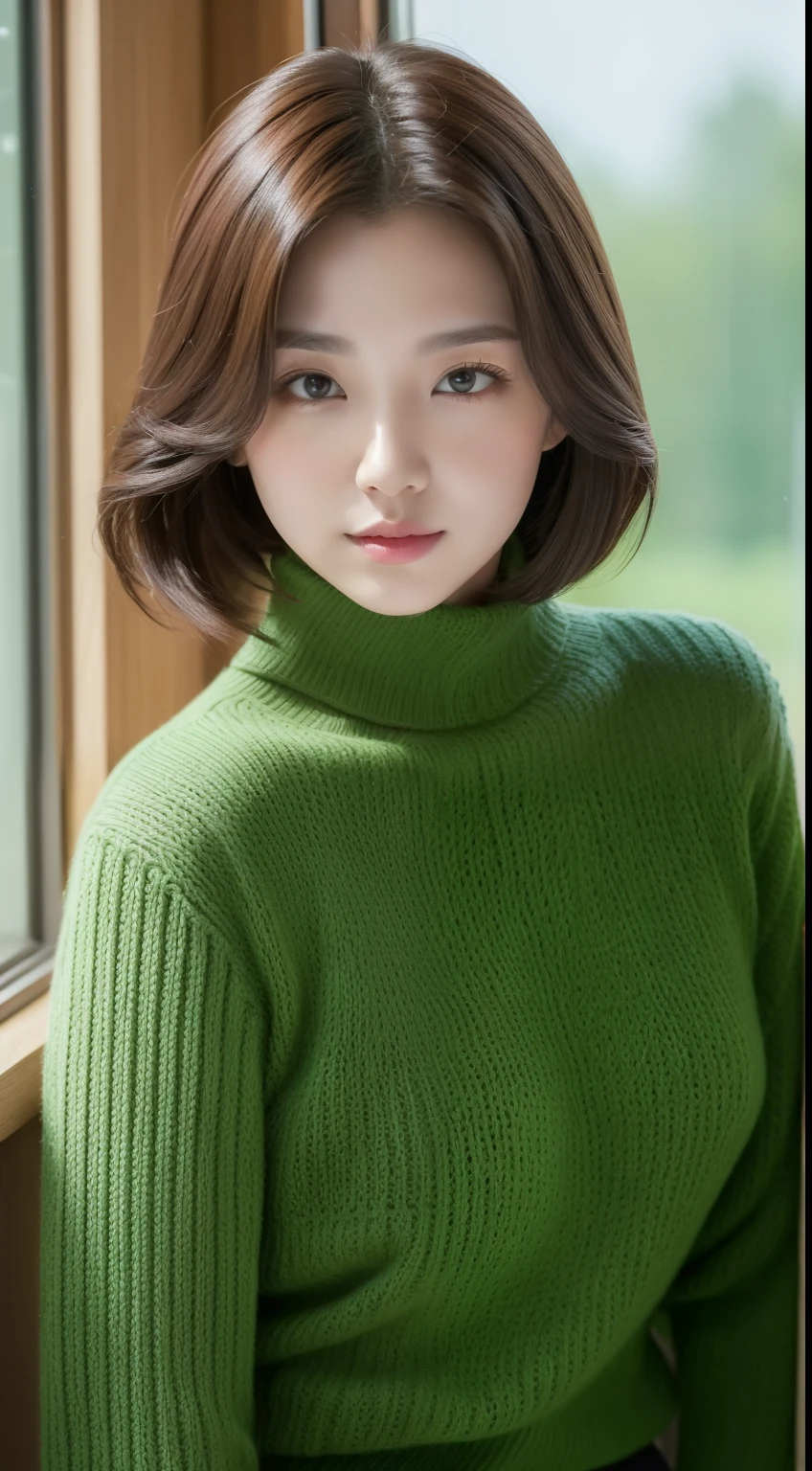 realistic photos of 1 cute Korean star, hair over one eye, white skin, thin makeup, 32 inch breasts size, wearing green turtle neck sweater, sitting near the window, close-up, verism, UHD
