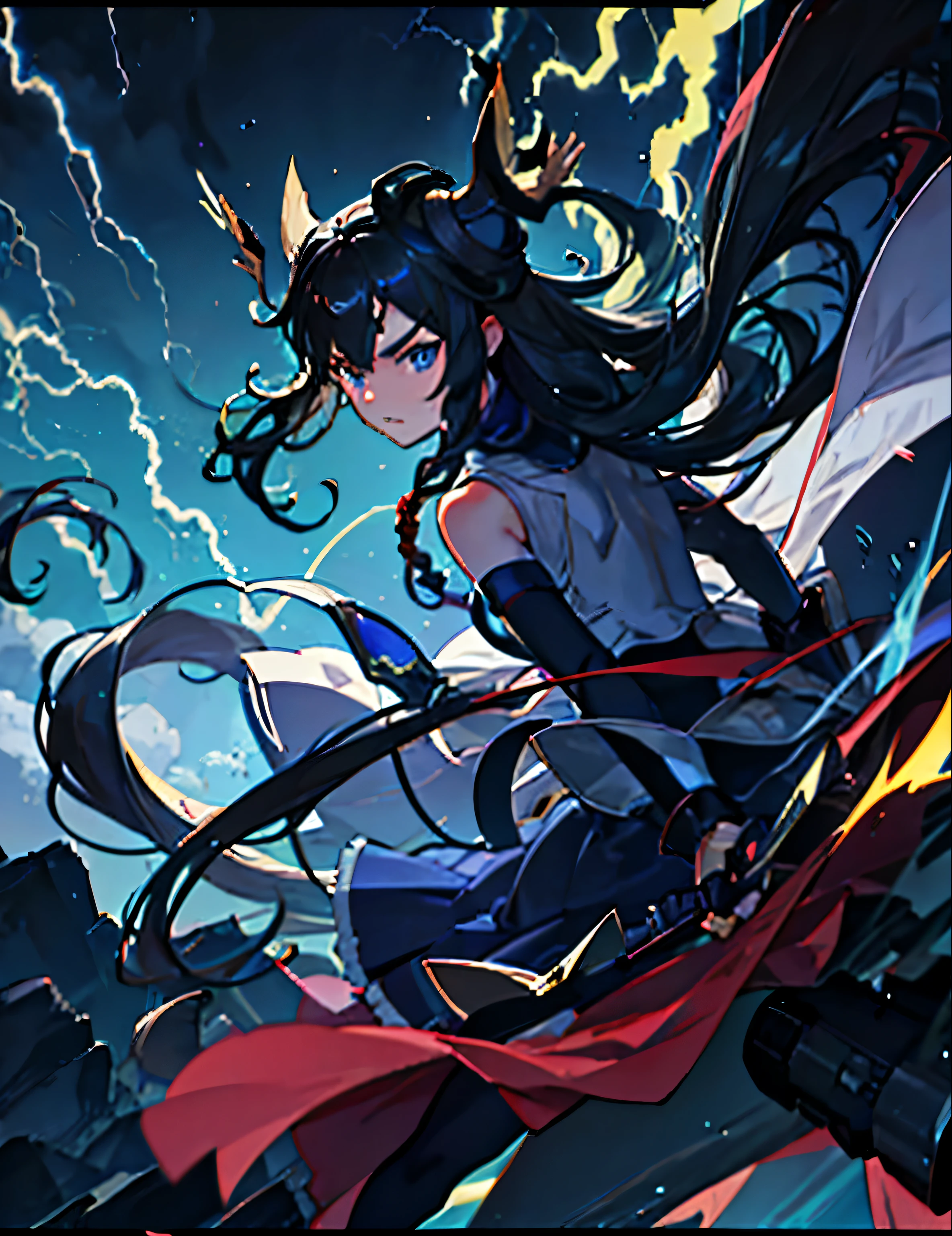(brunette girl),(black hair),(Black over-elbow gloves),((black horn)),Skirts and clothes fluttering in the wind,blue pupils,Gremlins Movie Version Lightning Strike, Epic animation of Energy Man, Animation movie screenshots, Screenshots from animated movies, The Legend of Korra, incredible anime movie scene, Screenshots from the 2012 animation, high quality anime movie still, anime movie scene, Today’s recommended anime is still, Still from anime, anime epic artwork, Anime fights, fractal thunder dan mumford