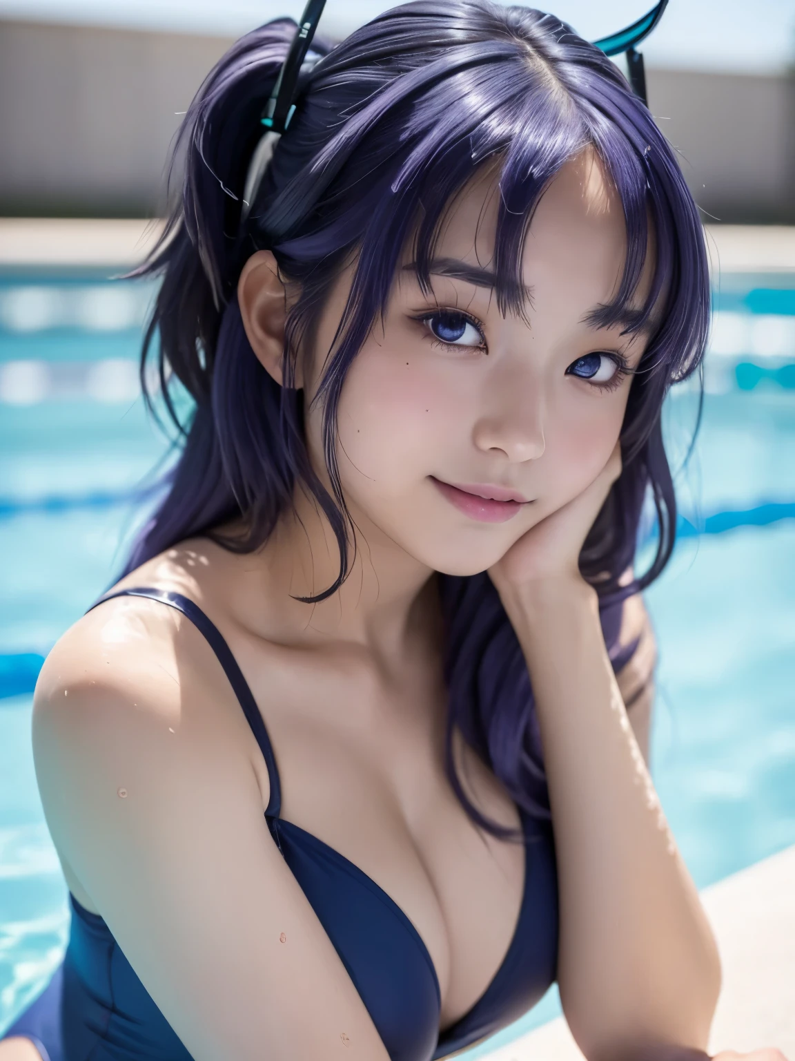 ((head rest)), head tilt, (close-up of face:1.5), (beautiful japanese girl), (Shot with Canon EOS 5D Mark 4 and Canon EF Lens 85mm F1.8L lens, F value 2.8, ISO 50, shutter speed 64), beautiful and fine eyes, perfection , perfection, roll your eyes, detailed face, fine eyes, excellent quality, masterpiece, very detailed, Advanced level of detail, many details, high quality, cinematic light, real hands, (super realistic:1.3), smile, seductive smile, high school student , perfect eyes, detailed skin, skin blemish, (153cm tall), (chubby : 1.3), cleavage, disproportionate breasts,
yuuka, blue eyes, halo, (purple hair:1.5), two side up, long hair,
(((High School Swimwear(simple), (dark blue), (Integrated type), (Back strap), (leotard)))), ((real shiny skin texture)), ((drenched skin)), ((glowing skin)), (gravure)
Virtual Reality District, (((in the swimming pool)))、
