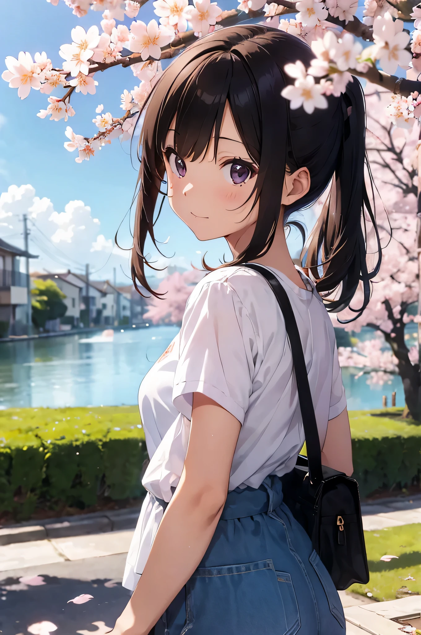 highest quality、spring season、bright clothes、cherry blossoms in the background、Woman looking back、