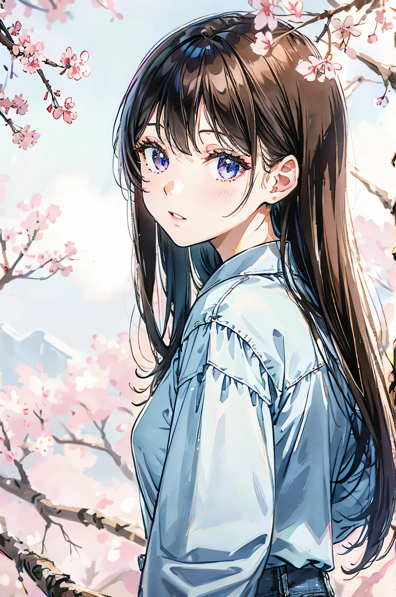 highest quality、spring season、bright clothes、cherry blossoms in the background、Woman looking back、Denim clothing