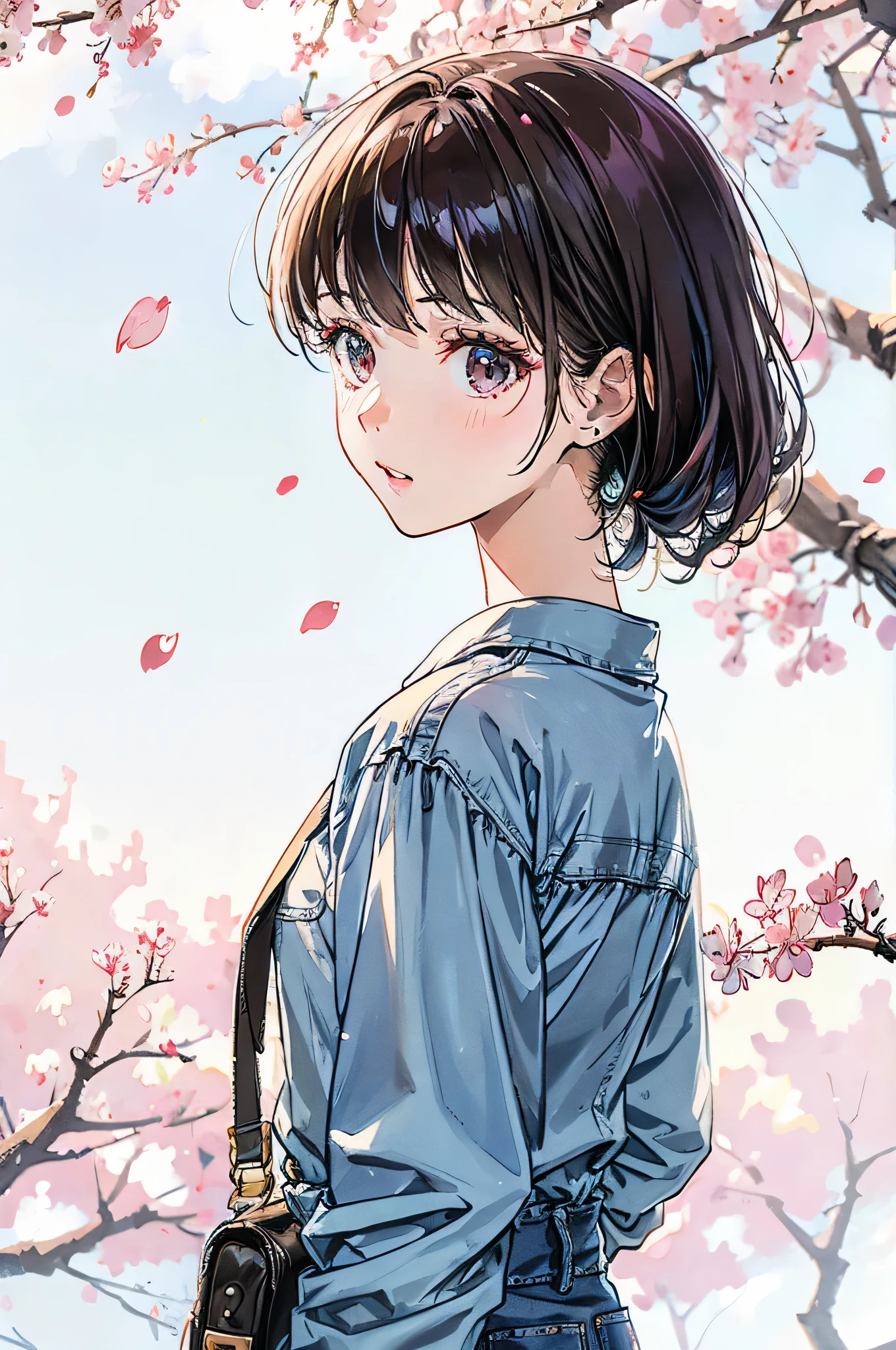 highest quality、spring season、bright clothes、cherry blossoms in the background、Woman looking back、Denim clothing