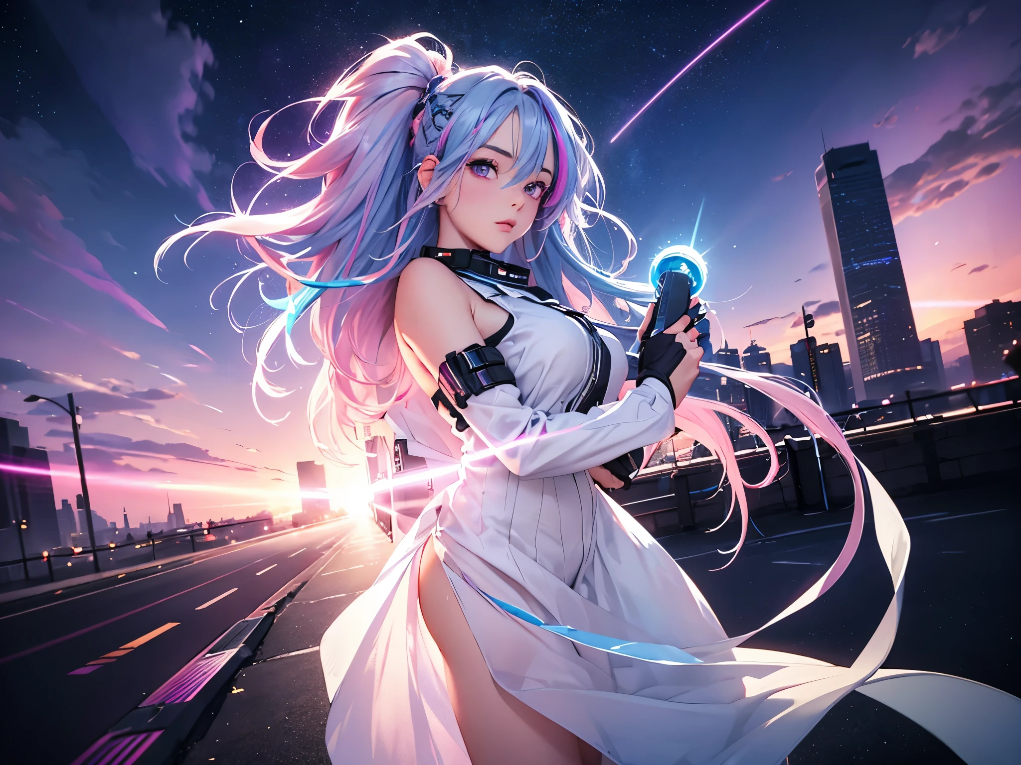 1 girl, 20 year old girl, one person, (Silver blue hair streaked pink purple:1.4), (Gradient sky blue hair ends:1.6), hair strand, absurdly long hair, single sidelock, wavy hair, shiny hair, floating hair, (Illusion deep purple eyes), delicate eyes, aqua eyes, High like real eyes, ((glowing eyes)), makeup, Focus on face, Very detailed facial, hot body, Random environment, Random pose, on the street, looking at the starry night sky, meteor, Technical clothing masterpiece, White extra long skirt, several cross stars beside, Colored lights swirl around the body, (((Extra super huge colorful extra super complex multiple glowing magic circle upright on the back of the head))), cyberpunk, full body shot, realism, chiaroscuro, (glowing light), sparkle, ray tracing, cinematic lighting, Futurism, motion blur, Ultra-Wide Angle, god rays, atmospheric perspective, best quality, UHD, super detail, masterpiece, highres, ccurate, retina