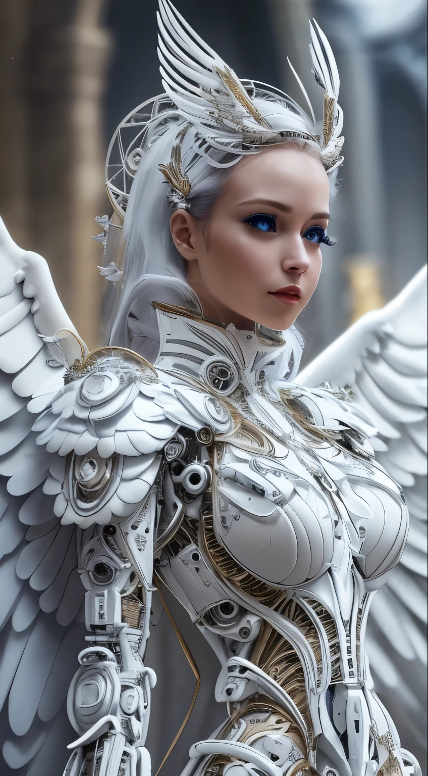 Close-up of a woman in a white dress with wings, full body angel, futuristic robot angel, amazing angel wings, angel knight gothic girl, angel in plastic armor, intricate costume designs, As a mysterious Valkyrie, Its whole body is made of white feathers,, futuristic and fantastic, white wings, beautiful angel wings, steampunk angel, beautiful cyborg angel girl, graceful wings
