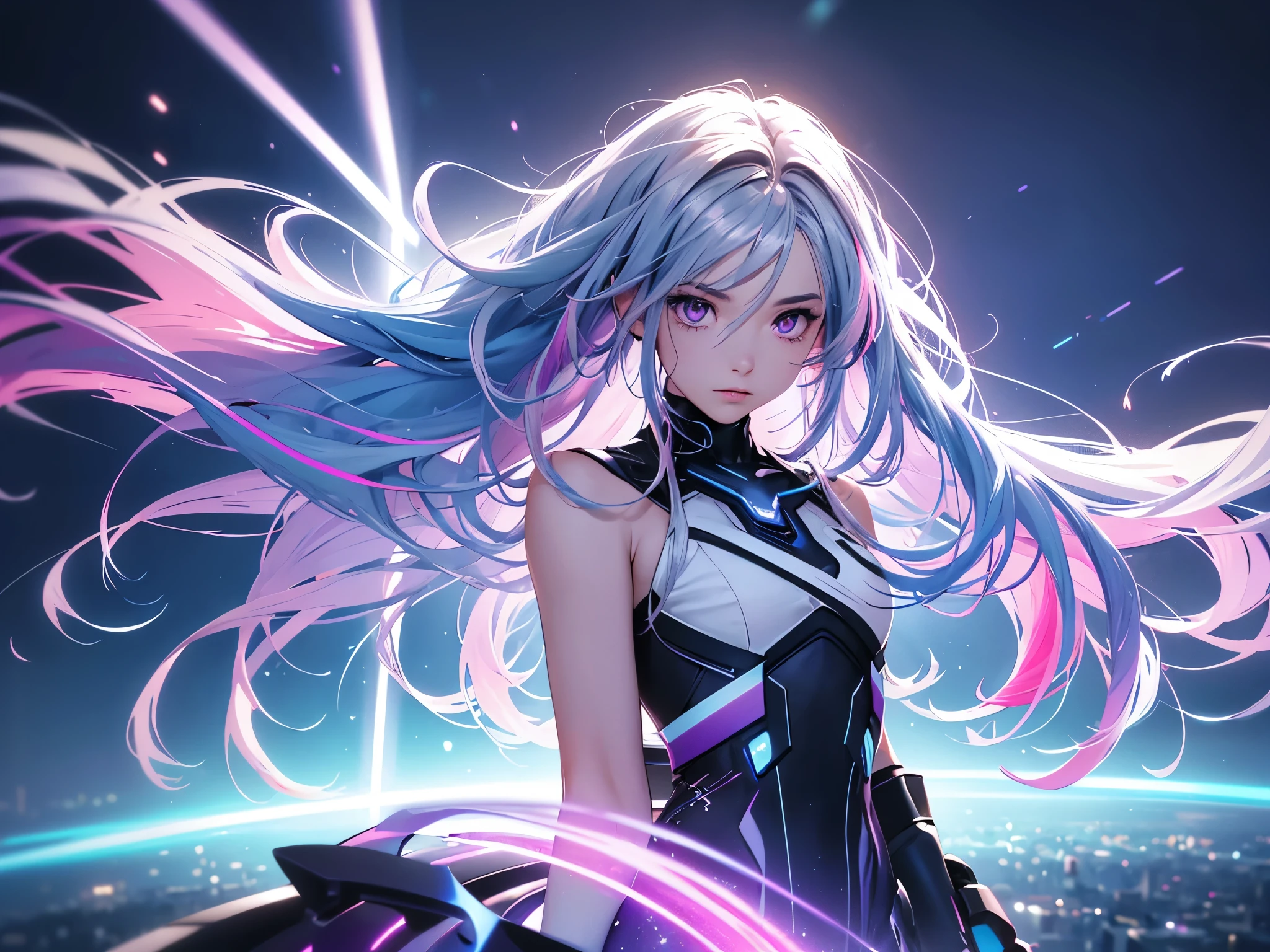 1 girl, 20 year old girl, one person, (Silver blue hair streaked pink purple:1.4), (Gradient sky blue hair ends:1.6), hair strand, absurdly long hair, single sidelock, wavy hair, shiny hair, floating hair, (Illusion deep purple eyes), delicate eyes, aqua eyes, High like real eyes, ((glowing eyes)), makeup, Focus on face, Very detailed facial, hot body, Random environment, Random pose, on the street, looking at the starry night sky, meteor, Technical clothing masterpiece, White extra long skirt, several cross stars beside, Colored lights swirl around the body, (((Extra super huge colorful extra super complex multiple glowing magic circle upright on the back of the head))), cyberpunk, full body shot, realism, chiaroscuro, (glowing light), sparkle, ray tracing, cinematic lighting, Futurism, motion blur, Ultra-Wide Angle, god rays, atmospheric perspective, best quality, UHD, super detail, masterpiece, highres, ccurate, retina