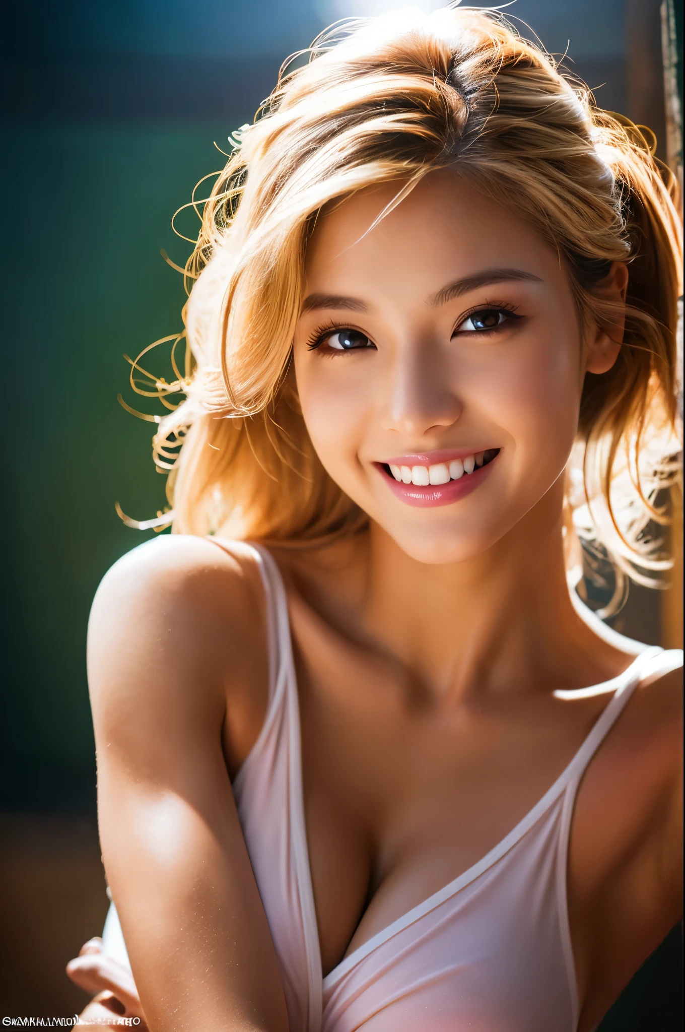 8K,american big breasted woman,Super beautiful(like the real thing),adult woman,sexyな水着,blonde,smile,masterpiece,Photorealistic RAW photos of the highest quality。bright colors,rich colors, Backlight, cinematic lighting, film grain, to be born, 50MM lens, Nikon D850,super realistic skin,fantasy art,character art,ultra high resolution,realistic scale skin,Perfect hand shape,view audience,smile,beautiful expression,Close-up,muscular slim body,Makeup,sexy,dynamic pose,