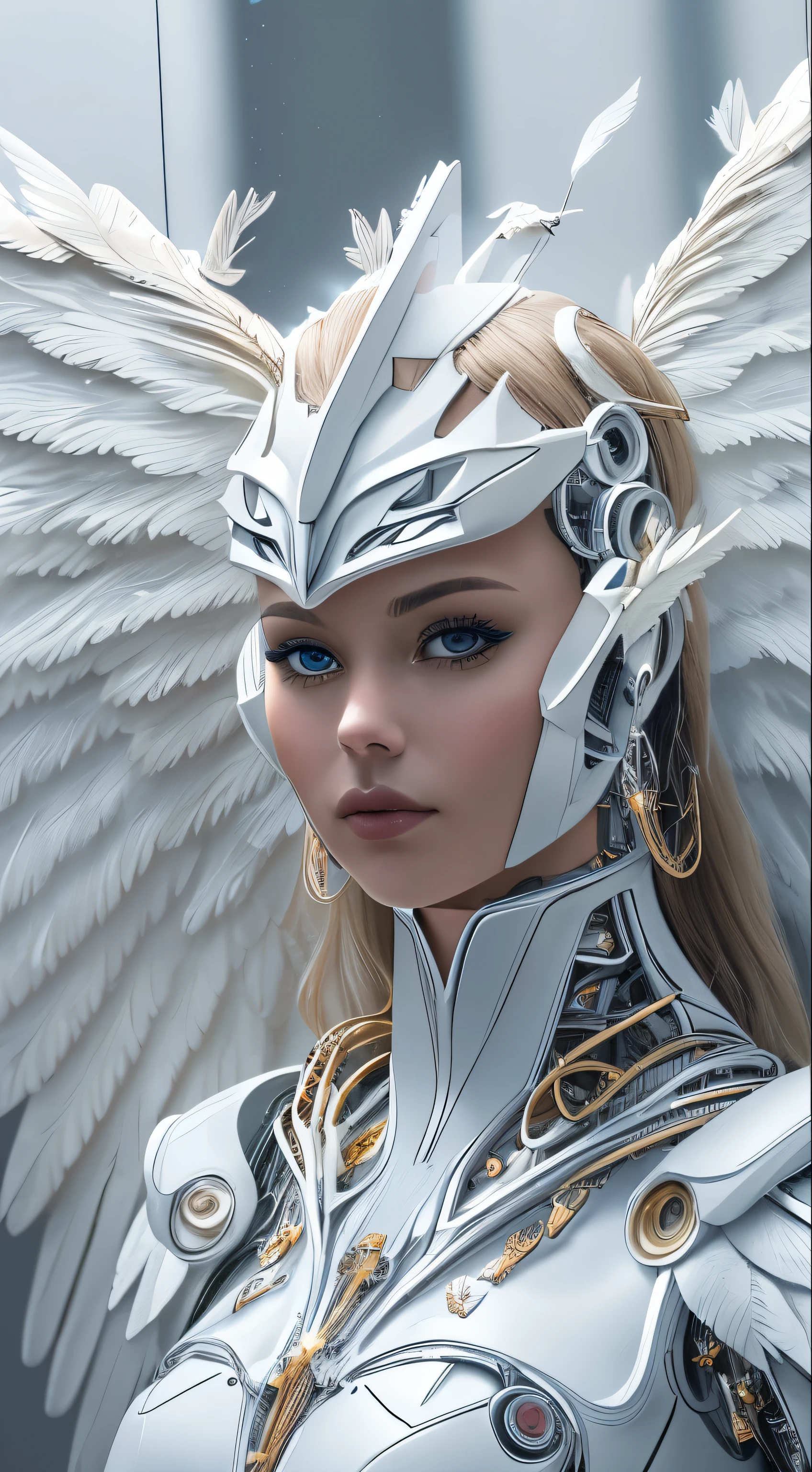 Close-up of a woman in a white dress with wings, full body angel, futuristic robot angel, amazing angel wings, angel knight gothic girl, angel in plastic armor, intricate costume designs, As a mysterious Valkyrie, Its whole body is made of white feathers,, futuristic and fantastic, white wings, beautiful angel wings, steampunk angel, beautiful cyborg angel girl, graceful wings
