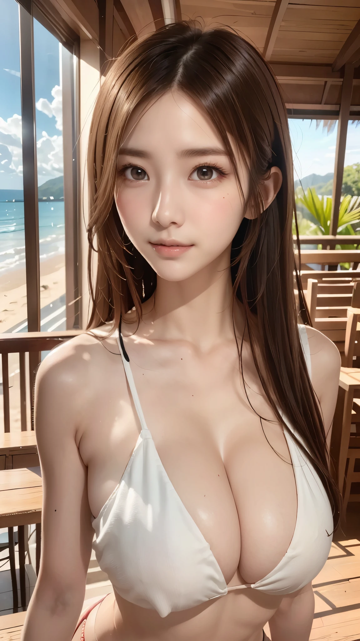(8k, RAW photo, best quality, masterpiece:1.2), (realistic, photo-realistic:1.4), (extremely detailed 8k wallpaper), sharp focus, depth of field, bocinematic lighting, soft light,detailed beauty eyes,shiny smooth light brown long bob hair, asymmetrical bangs, shiny skin, super detailed skin,high resolution, high detailing, detailed hairstyle, detailed beauty face, hyper realistic, perfect limbs, perfect anatomy ,1 japanese girl,famous Japanese idol, perfect female body, large breasts,smile,short eyelashes,double-edged eyelid,long bob hair, (extra small micro bikini),(Tropical Beach:1.3), looking at viewer,(full shot:1.3),(beautiful breasts:1.3)