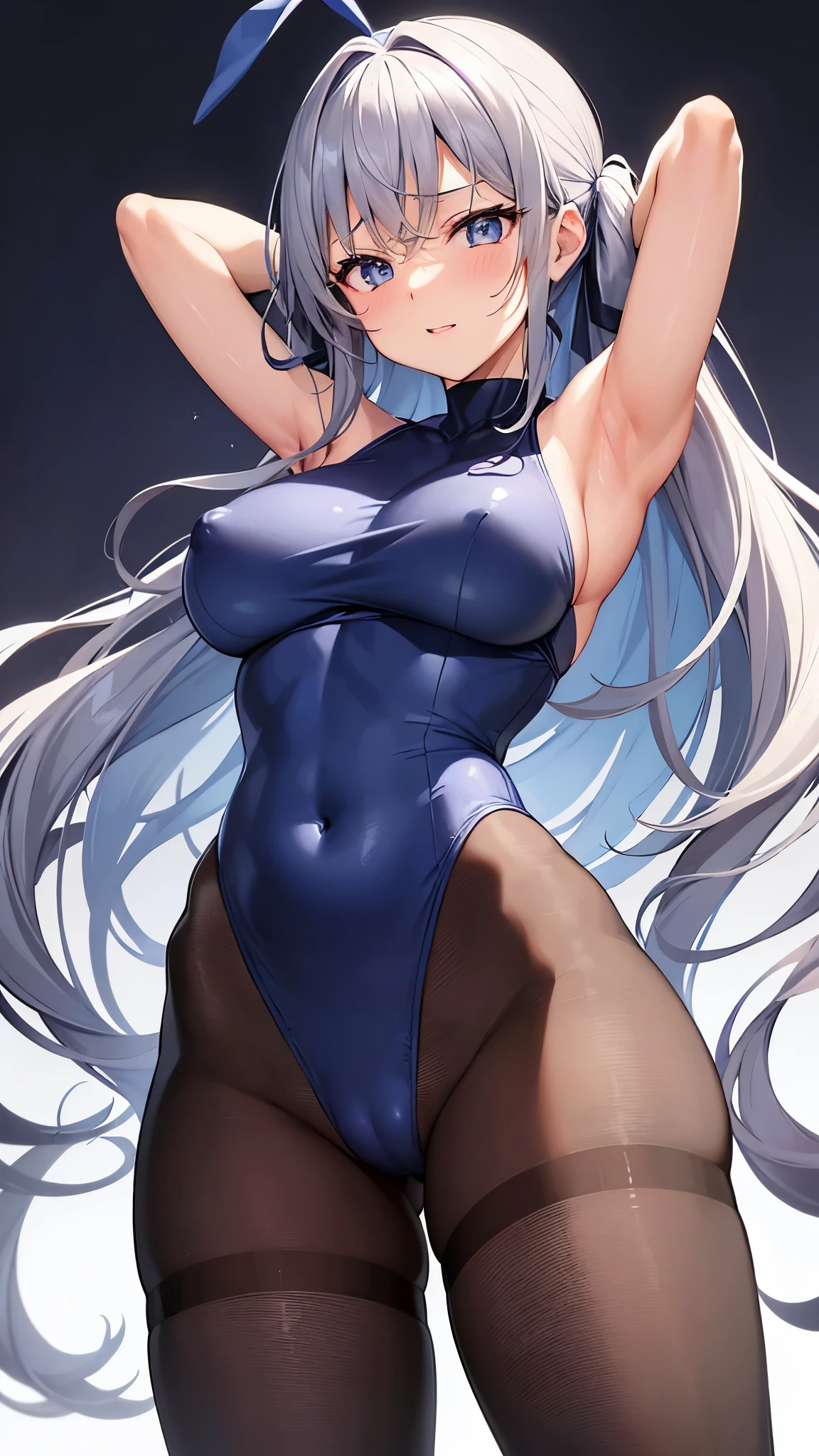 1 girl、solo、masterpiece、highest quality、gray hair、blue eyes、wavy hair、twin tails、slanted eyes、laughter、embarrassing、blush、big breasts、bondage、blue leotard、白いpantyhose床にしゃがむ、Open your crotch wide from side to side、spread legs、Please show your crotch to the camera、stare at the camera、put your arms behind your head、show off your armpits、nipple、Heart-shaped nipples、大きなnipple、スポーツGym、are training、Gym、pantyhose
