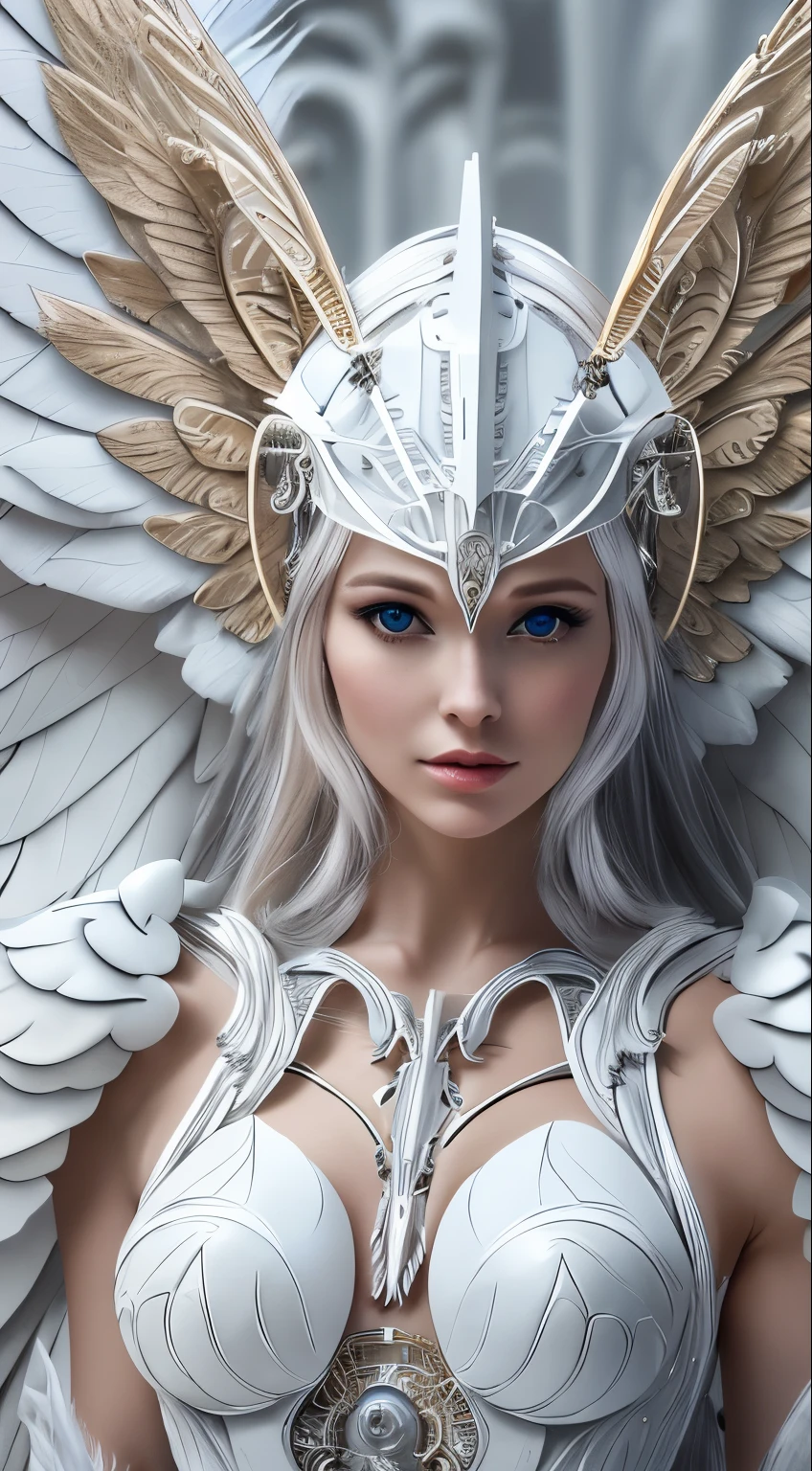 Close-up of a woman in a white dress with wings, full body angel, futuristic robot angel, amazing angel wings, angel knight gothic girl, angel in plastic armor, intricate costume designs, As a mysterious Valkyrie, Its whole body is made of white feathers,, futuristic and fantastic, white wings, beautiful angel wings, steampunk angel, beautiful cyborg angel girl, graceful wings