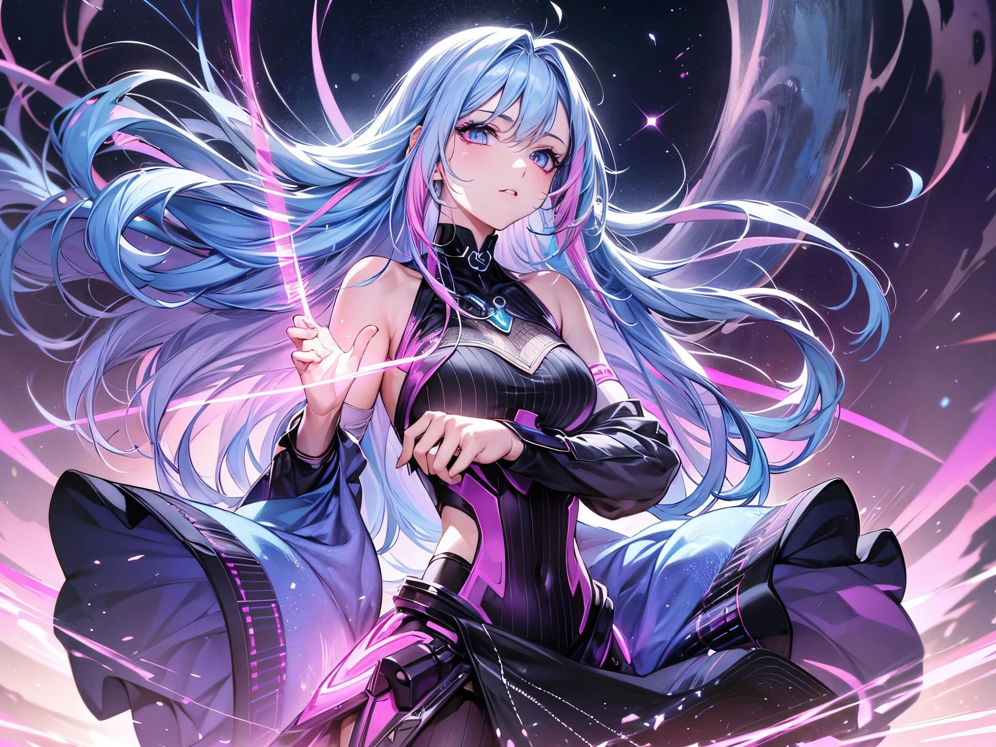 1 girl, 20 year old girl, one person, (Silver blue hair streaked pink purple:1.4), (Gradient sky blue hair ends:1.6), hair strand, absurdly long hair, single sidelock, wavy hair, shiny hair, floating hair, (Illusion deep purple eyes), delicate eyes, aqua eyes, High like real eyes, ((glowing eyes)), makeup, Focus on face, Very detailed facial, hot body, Random environment, Random pose, on the street, looking at the starry night sky, meteor, Technical clothing masterpiece, White extra long skirt, several cross stars beside, Colored lights swirl around the body, (((Extra super huge colorful extra super complex multiple glowing magic circle upright on the back of the head))), cyberpunk, full body shot, realism, chiaroscuro, (glowing light), sparkle, ray tracing, cinematic lighting, Futurism, motion blur, Ultra-Wide Angle, god rays, atmospheric perspective, best quality, UHD, super detail, masterpiece, highres, ccurate, retina