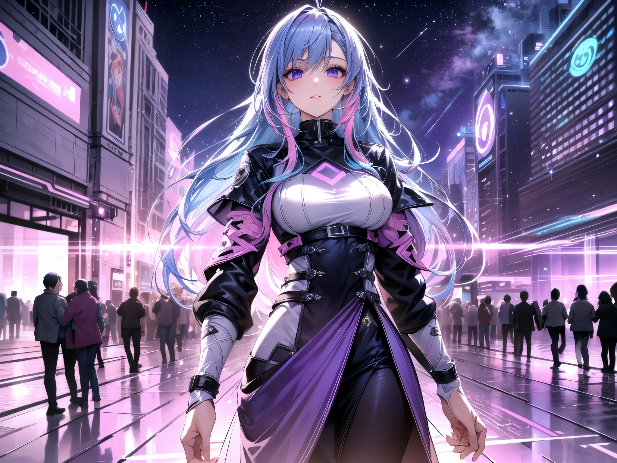 1 girl, 20 year old girl, one person, (Silver blue hair streaked pink purple:1.4), (Gradient sky blue hair ends:1.6), hair strand, absurdly long hair, single sidelock, wavy hair, shiny hair, floating hair, (Illusion deep purple eyes), delicate eyes, aqua eyes, High like real eyes, ((glowing eyes)), makeup, Focus on face, Very detailed facial, hot body, Random environment, Random pose, on the street, looking at the starry night sky, meteor, Technical clothing masterpiece, White extra long skirt, several cross stars beside, Colored lights swirl around the body, (((Extra super huge colorful extra super complex multiple glowing magic circle upright on the back of the head))), cyberpunk, full body shot, realism, chiaroscuro, (glowing light), sparkle, ray tracing, cinematic lighting, Futurism, motion blur, Ultra-Wide Angle, god rays, atmospheric perspective, best quality, UHD, super detail, masterpiece, highres, ccurate, retina