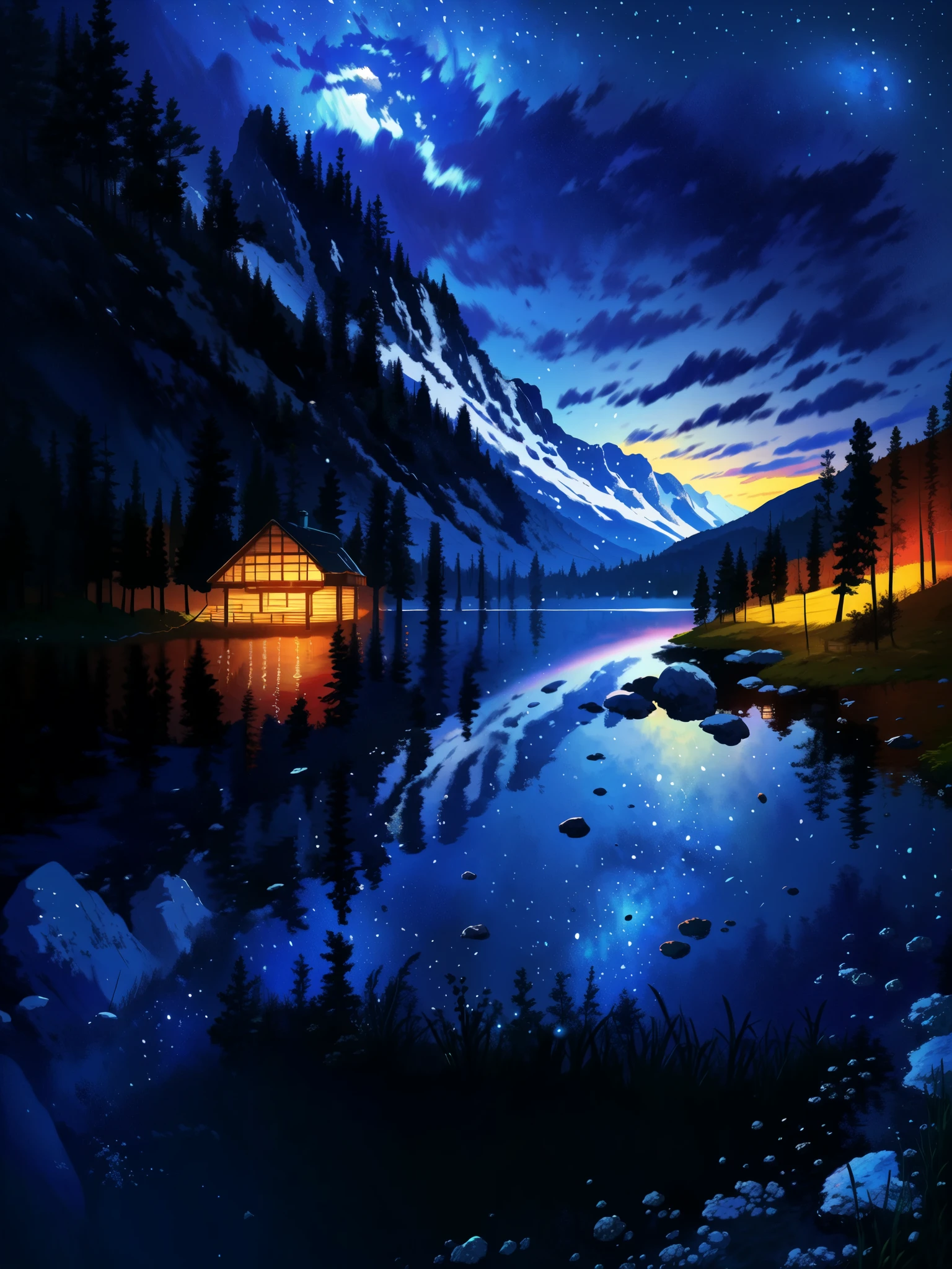 a painting of a cabin in the mountains with a lake, detailed 2d illustration, detailed painting 4 k, highly detailed illustration, scenery art detailed, highly detailed digital painting, detailed 4 k painting, highly detailed 4 k art, detailed digital painting, 8k high quality detailed art, 4k detailed art, digital painting highly detailed, highly detailed 4 k painting