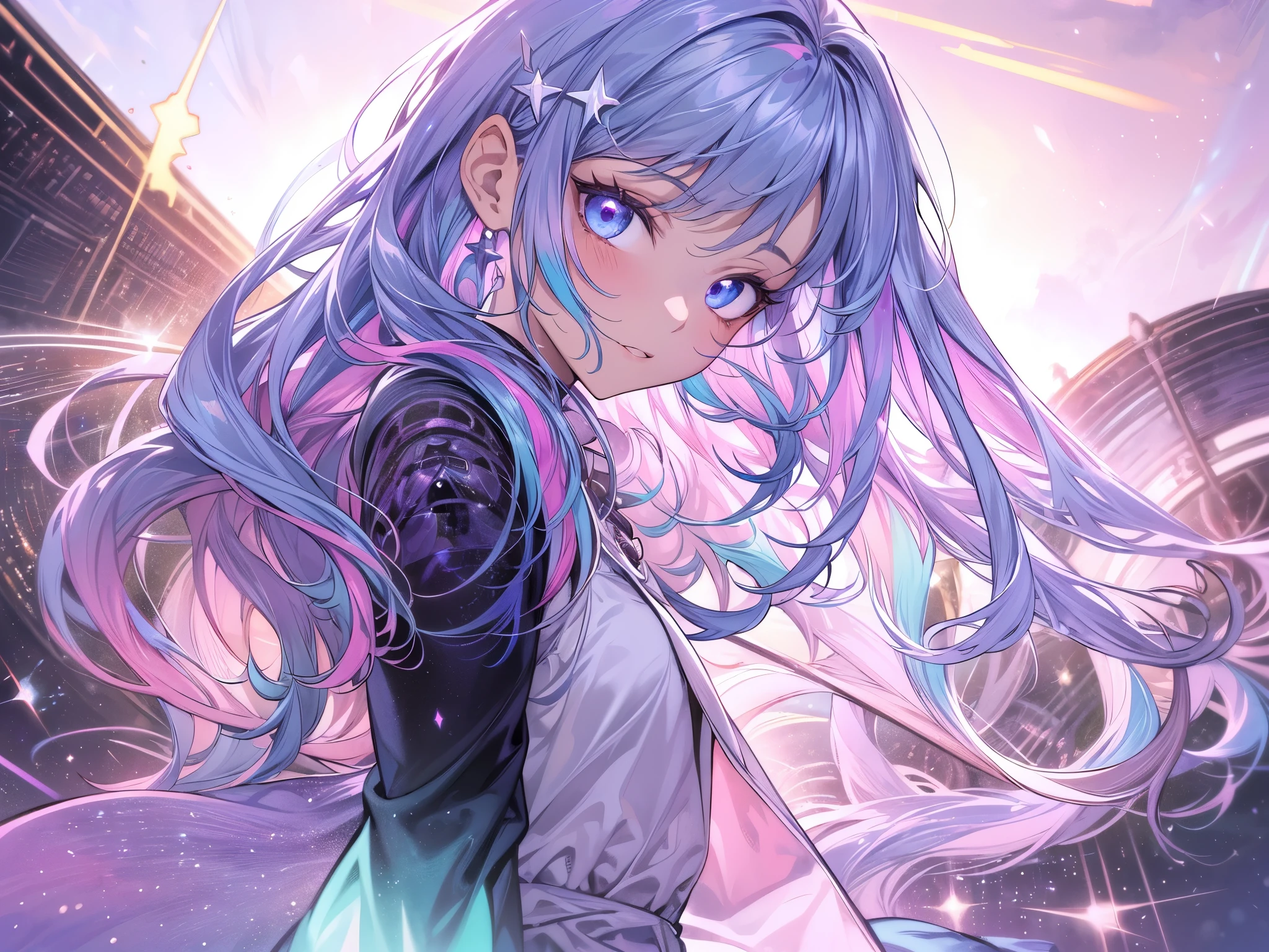 1 girl, 20 year old girl, one person, (Silver blue hair streaked pink purple:1.4), (Gradient sky blue hair ends:1.6), hair strand, absurdly long hair, single sidelock, wavy hair, shiny hair, floating hair, (Illusion deep purple eyes), delicate eyes, aqua eyes, High like real eyes, ((glowing eyes)), makeup, Focus on face, Very detailed facial, hot body, Random environment, Random pose, on the street, looking at the starry night sky, meteor, Technical clothing masterpiece, White extra long skirt, several cross stars beside, Colored lights swirl around the body, (((Extra super huge colorful extra super complex multiple glowing magic circle upright on the back of the head))), cyberpunk, full body shot, realism, chiaroscuro, (glowing light), sparkle, ray tracing, cinematic lighting, Futurism, motion blur, Ultra-Wide Angle, god rays, atmospheric perspective, best quality, UHD, super detail, masterpiece, highres, ccurate, retina