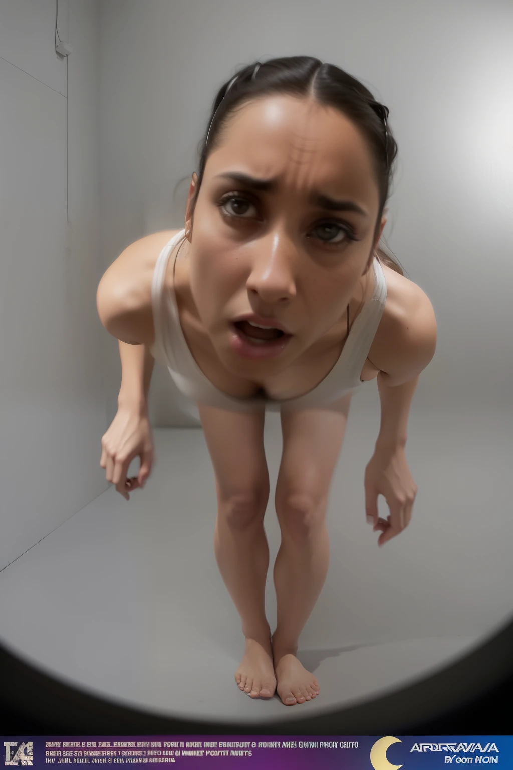 Aarav woman in white tank top looking at camera, Ron Muk, distorted expression, Inspired by Vanessa Beecroft, Inspired by Cornelia Parker, Patricia Piccinini, Position 4 of 1 6, Hyper-realistic movie stills, Photos that are too realistic, Ultra-realistic photos, Shoot a hyperreal movie, full body portrait