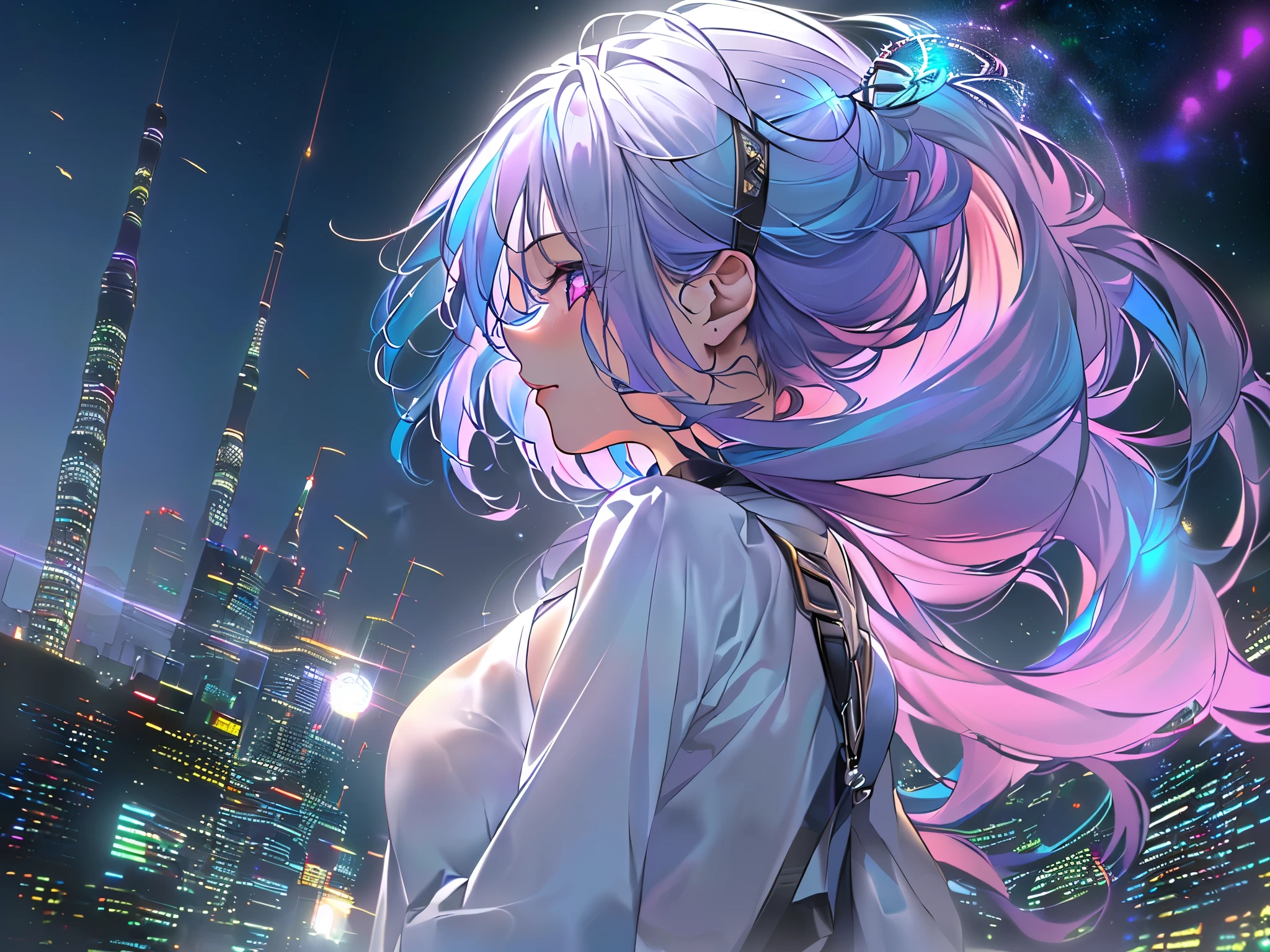 1 girl, 20 year old girl, one person, (Silver blue hair streaked pink purple:1.4), (Gradient sky blue hair ends:1.6), hair strand, absurdly long hair, single sidelock, wavy hair, shiny hair, floating hair, (Illusion deep purple eyes), delicate eyes, aqua eyes, High like real eyes, ((glowing eyes)), makeup, Focus on face, Very detailed facial, hot body, Random environment, Random pose, on the street, looking at the starry night sky, meteor, Technical clothing masterpiece, White extra long skirt, several cross stars beside, Colored lights swirl around the body, (((Extra super huge colorful extra super complex multiple glowing magic circle upright on the back of the head))), cyberpunk, full body shot, realism, chiaroscuro, (glowing light), sparkle, ray tracing, cinematic lighting, Futurism, motion blur, Ultra-Wide Angle, god rays, atmospheric perspective, best quality, UHD, super detail, masterpiece, highres, ccurate, retina