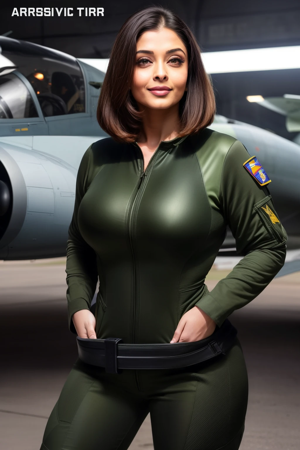 Aishwarya rai as fighter pilot, tight airforce dull green pilot full uniform, knee high boots, seductive pose in airstrip, bright day scene, milf athletic curvaceous hourglass figure, big , massive cleavage, look at camera and smile, ((bob cut blowing hair)), sexy 50 yo MILF, soft volumetric lights, intricate details, (ArtStation:1.2)