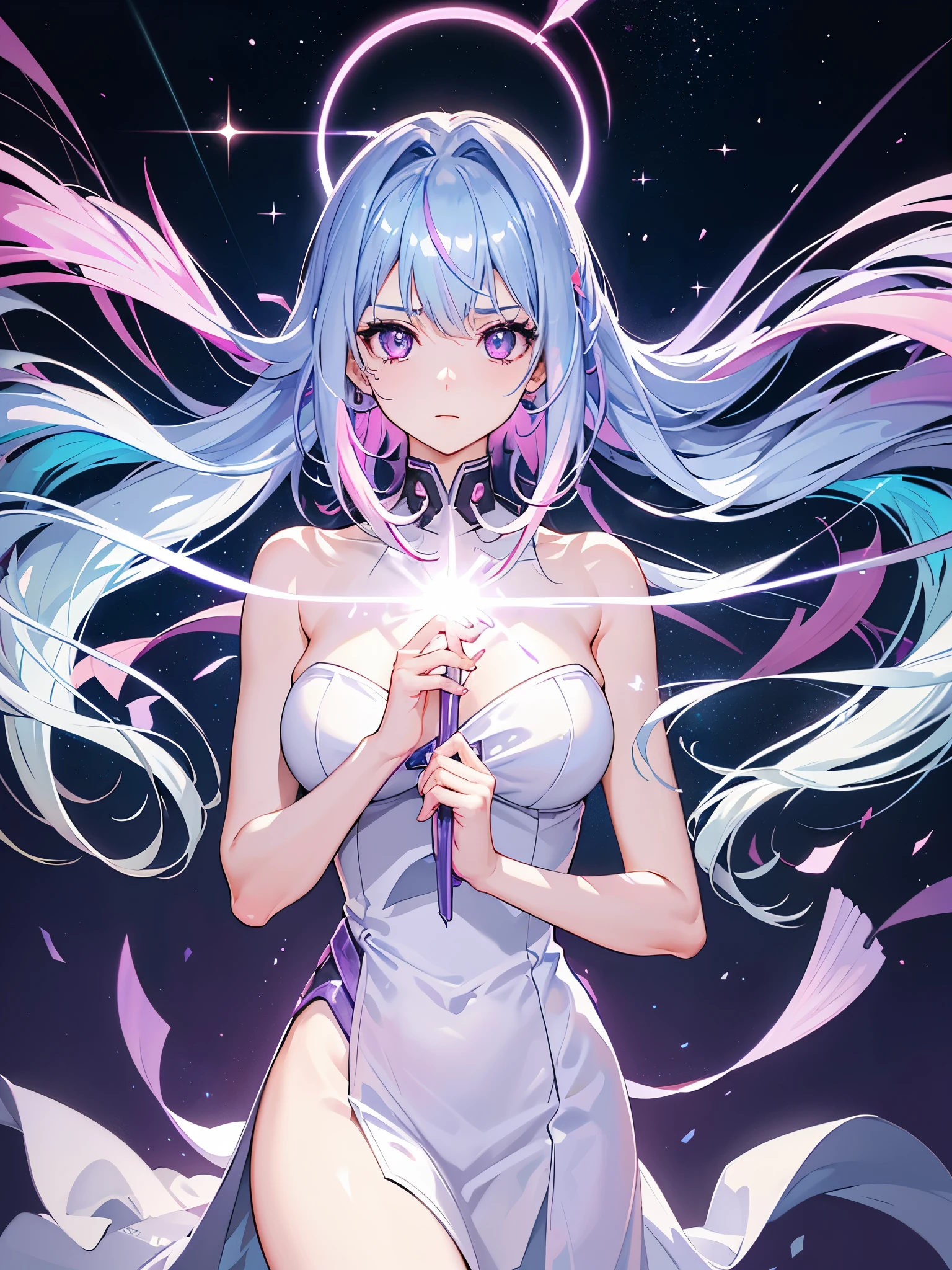 1 girl, 20 year old girl, one person, (Silver blue hair streaked pink purple:1.4), (Gradient sky blue hair ends:1.6), hair strand, absurdly long hair, single sidelock, wavy hair, shiny hair, floating hair, (Illusion deep purple eyes), delicate eyes, aqua eyes, High like real eyes, ((glowing eyes)), makeup, Focus on face, Very detailed facial, hot body, Random environment, Random pose, on the street, looking at the starry night sky, meteor, Technical clothing masterpiece, White extra long skirt, several cross stars beside, Colored lights swirl around the body, (((Extra super huge colorful extra super complex multiple glowing magic circle upright on the back of the head))), cyberpunk, full body shot, realism, chiaroscuro, (glowing light), sparkle, ray tracing, cinematic lighting, Futurism, motion blur, Ultra-Wide Angle, god rays, atmospheric perspective, best quality, UHD, super detail, masterpiece, highres, ccurate, retina