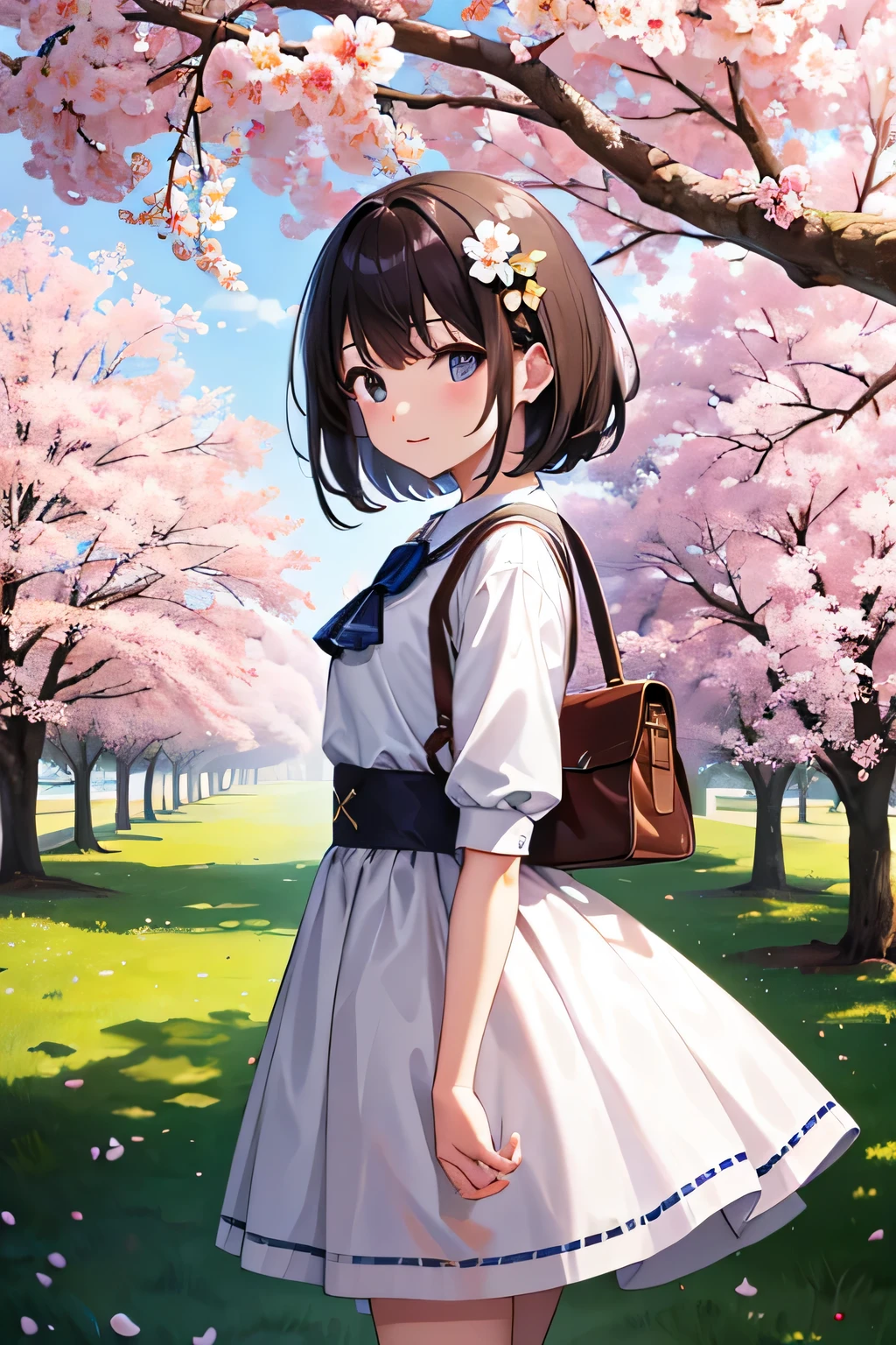 (masterpiece), highest quality, High resolution, very detailed, detailed background, perfect lighting, outside, 1 girl, Cherry tree in full bloom