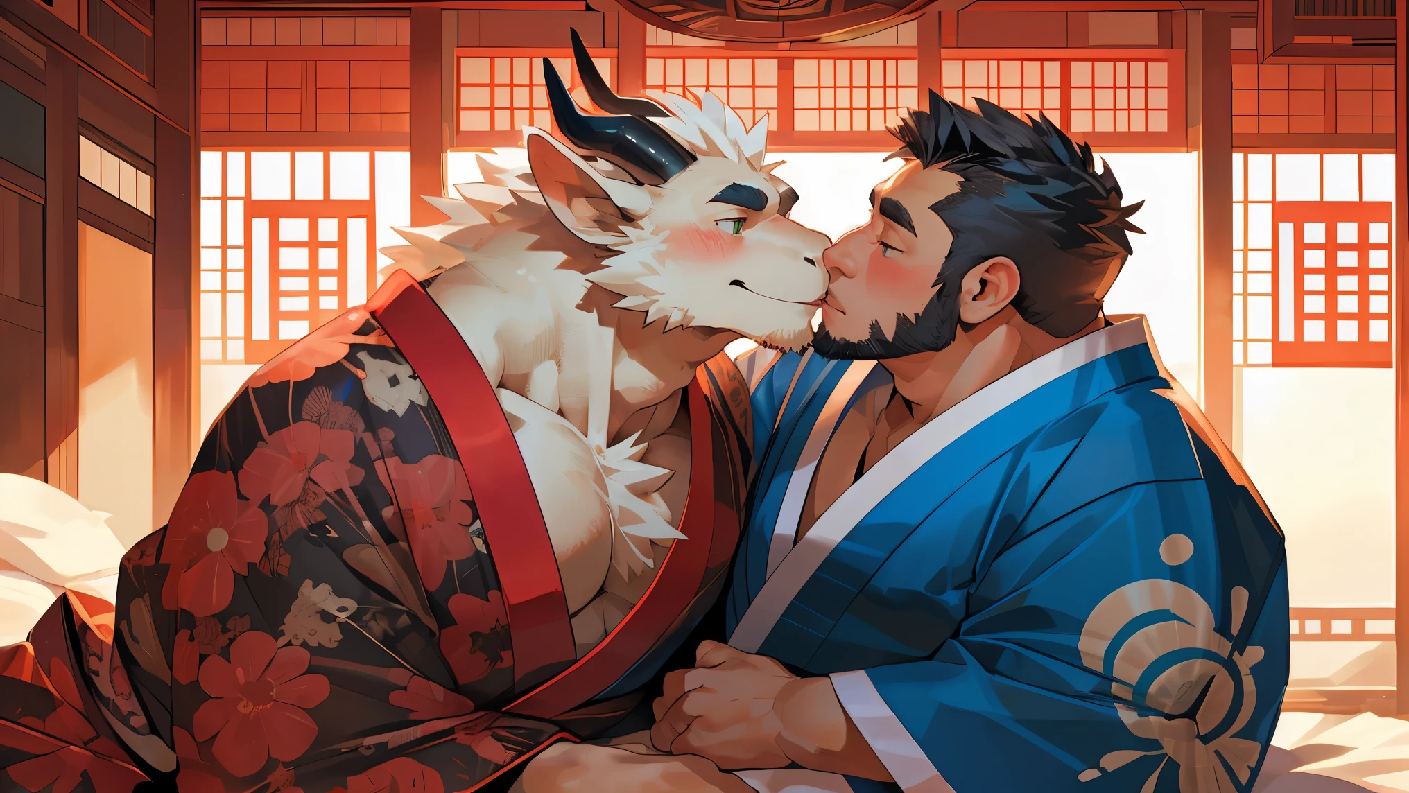 (masterpiece, anatomically correct),(((bara, hard gay, super muscular male, large pectorals))),((old anthro furred dragon hugging and kissing a human, fluffy body, daddy, small tummy, large pectorals, sexy)),((lying on bed, close-up, from above)),(by darkgem, by sindenbock, by taran fiddler, by burnbuckie, by nezumi, by sindoll),((ancient east Asian hotel room, indoor, gorgeous bedroom)),(Japanese clothes, kimono, cloud print, gorgeous, Luxury),(looking_at_viewer, eye-contact, stare) BREAK green eyes,blush,smile,anime,drop shadow,backlighting,chiaroscuropov,best quality,high quality,8K,ccurate,award winning,highres,