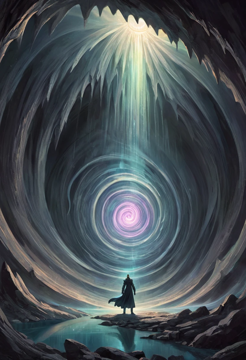 Crossing the dark cave, magic aura swirling around, masterpiece, best quality, perfect composition, very aesthetic, absurdres, ultra-detailed, intricate details, Professional, official art, Representative work