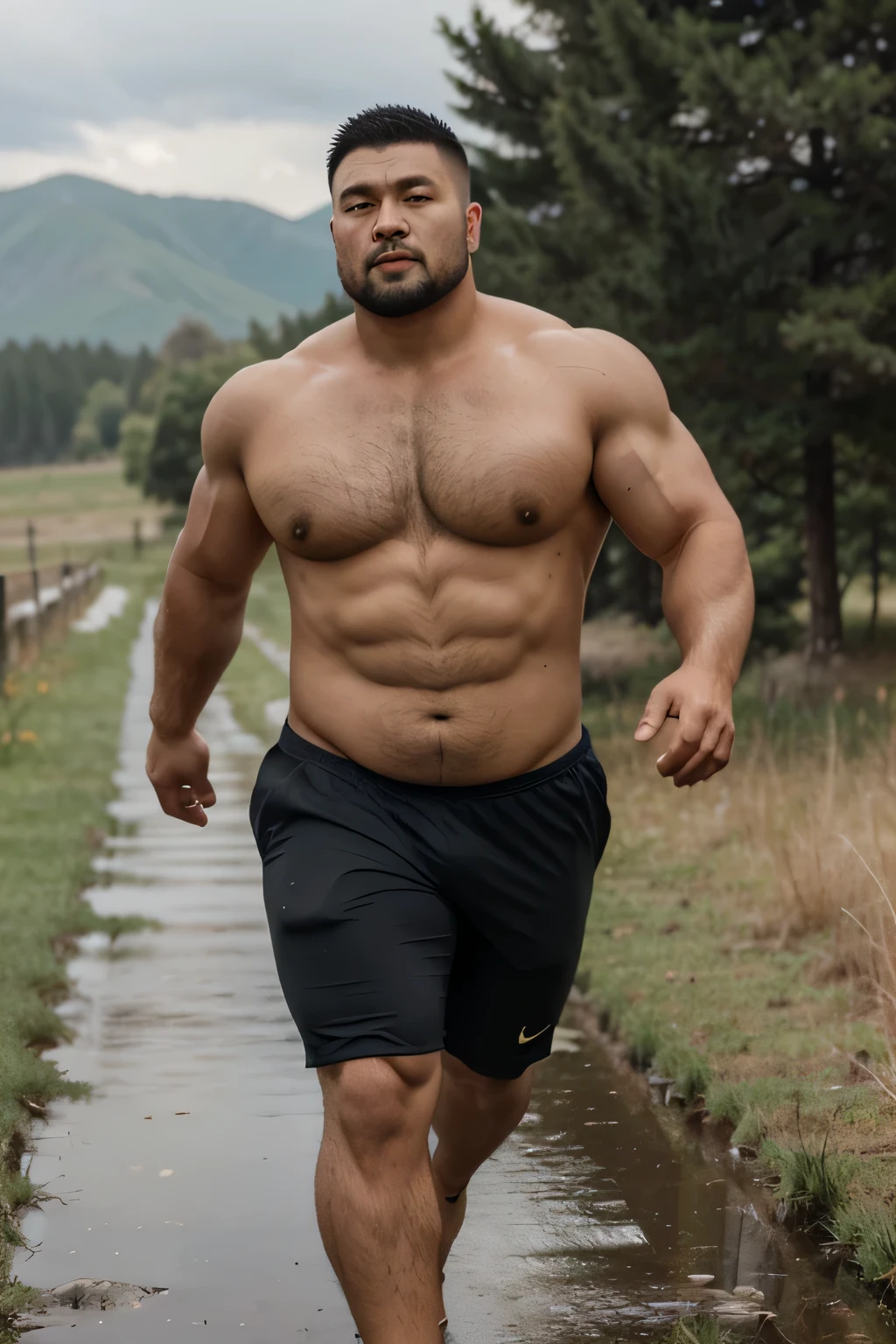 A short haired Mongolian man running on a rainy mogolian grassland, full body shot，mongol，Thick body hair, Strong masculine characteristics, sexy muscular body, partially male hairy torso,masculine and strong，sexy muscular upper body,Fat belly,light tan skin, robust stocky body, beefy, belly button showing, half man half asian black bear, potbelly, dad bod, half man half asian black bull, full body shot, background is mogolian landscape 