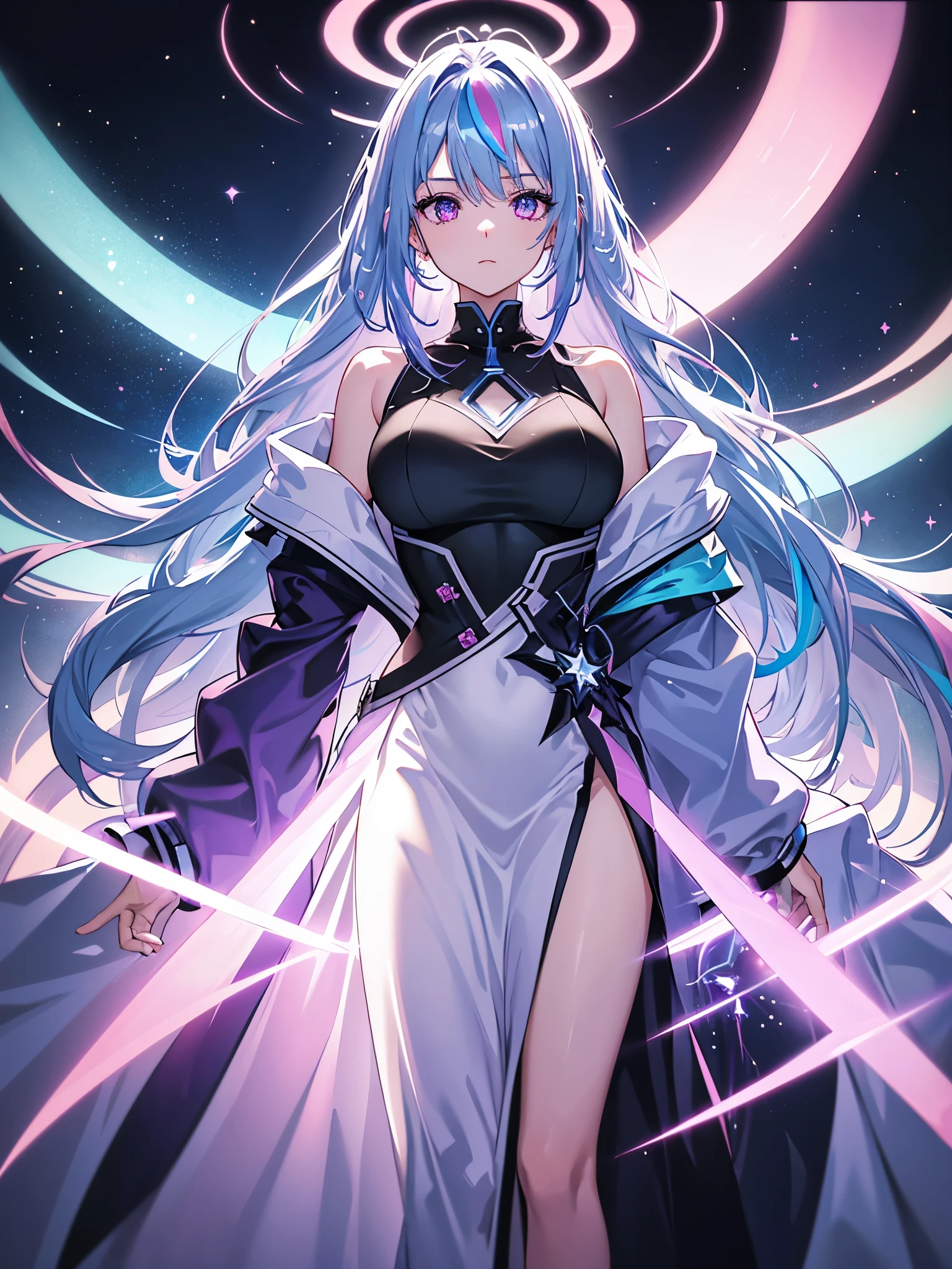 1 girl, 20 year old girl, one person, (Silver blue hair streaked pink purple:1.4), (Gradient sky blue hair ends:1.6), hair strand, absurdly long hair, single sidelock, wavy hair, shiny hair, floating hair, (Illusion deep purple eyes), delicate eyes, aqua eyes, High like real eyes, ((glowing eyes)), makeup, Focus on face, Very detailed facial, hot body, Random environment, Random pose, on the street, looking at the starry night sky, meteor, Technical clothing masterpiece, White extra long skirt, several cross stars beside, Colored lights swirl around the body, (((Extra super huge colorful extra super complex multiple glowing magic circle upright on the back of the head))), cyberpunk, full body shot, realism, chiaroscuro, (glowing light), sparkle, ray tracing, cinematic lighting, Futurism, motion blur, Ultra-Wide Angle, god rays, atmospheric perspective, best quality, UHD, super detail, masterpiece, highres, ccurate, retina