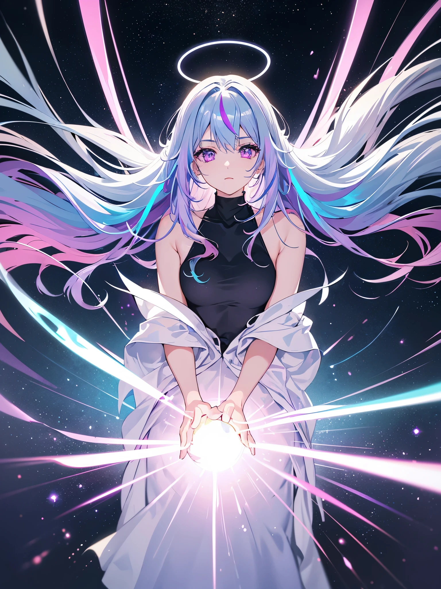 1 girl, 20 year old girl, one person, (Silver blue hair streaked pink purple:1.4), (Gradient sky blue hair ends:1.6), hair strand, absurdly long hair, single sidelock, wavy hair, shiny hair, floating hair, (Illusion deep purple eyes), delicate eyes, aqua eyes, High like real eyes, ((glowing eyes)), makeup, Focus on face, Very detailed facial, hot body, Random environment, Random pose, on the street, looking at the starry night sky, meteor, Technical clothing masterpiece, White extra long skirt, several cross stars beside, Colored lights swirl around the body, (((Extra super huge colorful extra super complex multiple glowing magic circle upright on the back of the head))), cyberpunk, full body shot, realism, chiaroscuro, (glowing light), sparkle, ray tracing, cinematic lighting, Futurism, motion blur, Ultra-Wide Angle, god rays, atmospheric perspective, best quality, UHD, super detail, masterpiece, highres, ccurate, retina