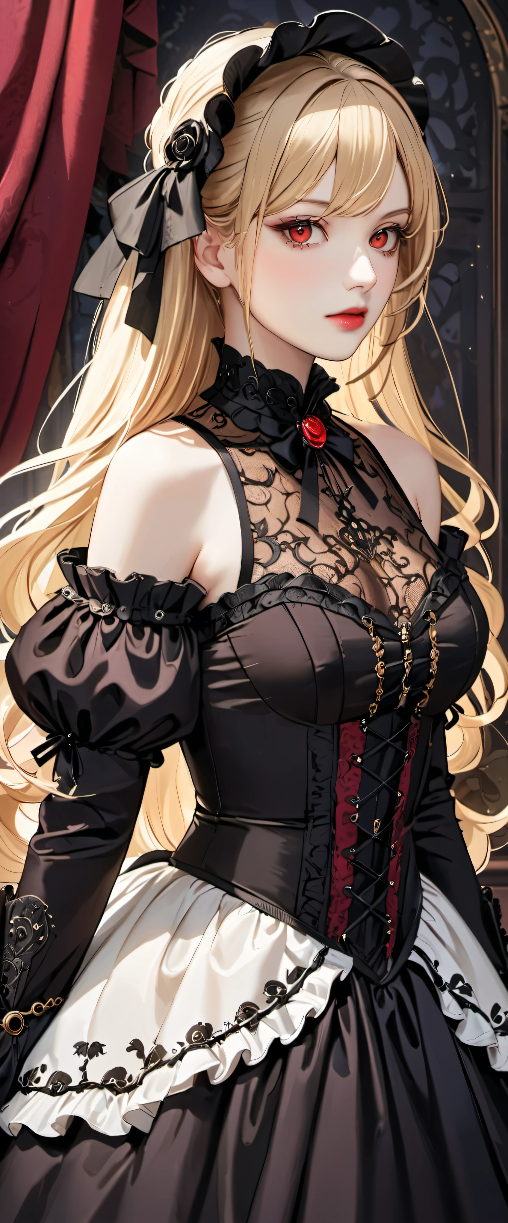 woman wearing dress and boots , baroque dress, wearing a detailed steampunk dress, elegant gothic princess, victorian gothic lolita fashion, historical baroque dress dark, black gothic lolita dress, fantasy style clothing, rococo dress, black rococo,  fantasy costume, wearing a gothic dress, romantic dress, gothic dress,blonde,,(((upper body portrait))),red eyes