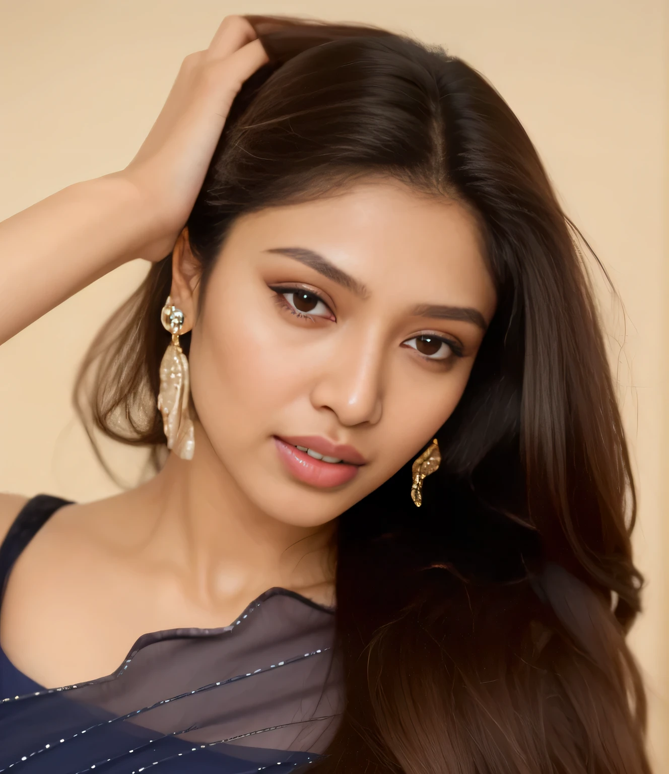 a close up of a woman with long hair wearing a blue dress, indian super model, mahira khan as a d&d wizard, cindy avelino, jaw-dropping beauty, indian girl with brown skin, khyzyl saleem, very pretty face, actress, glossy magazine photoshoot, very pretty model, jaw dropping beauty, photo of a beautiful woman, beautiful model