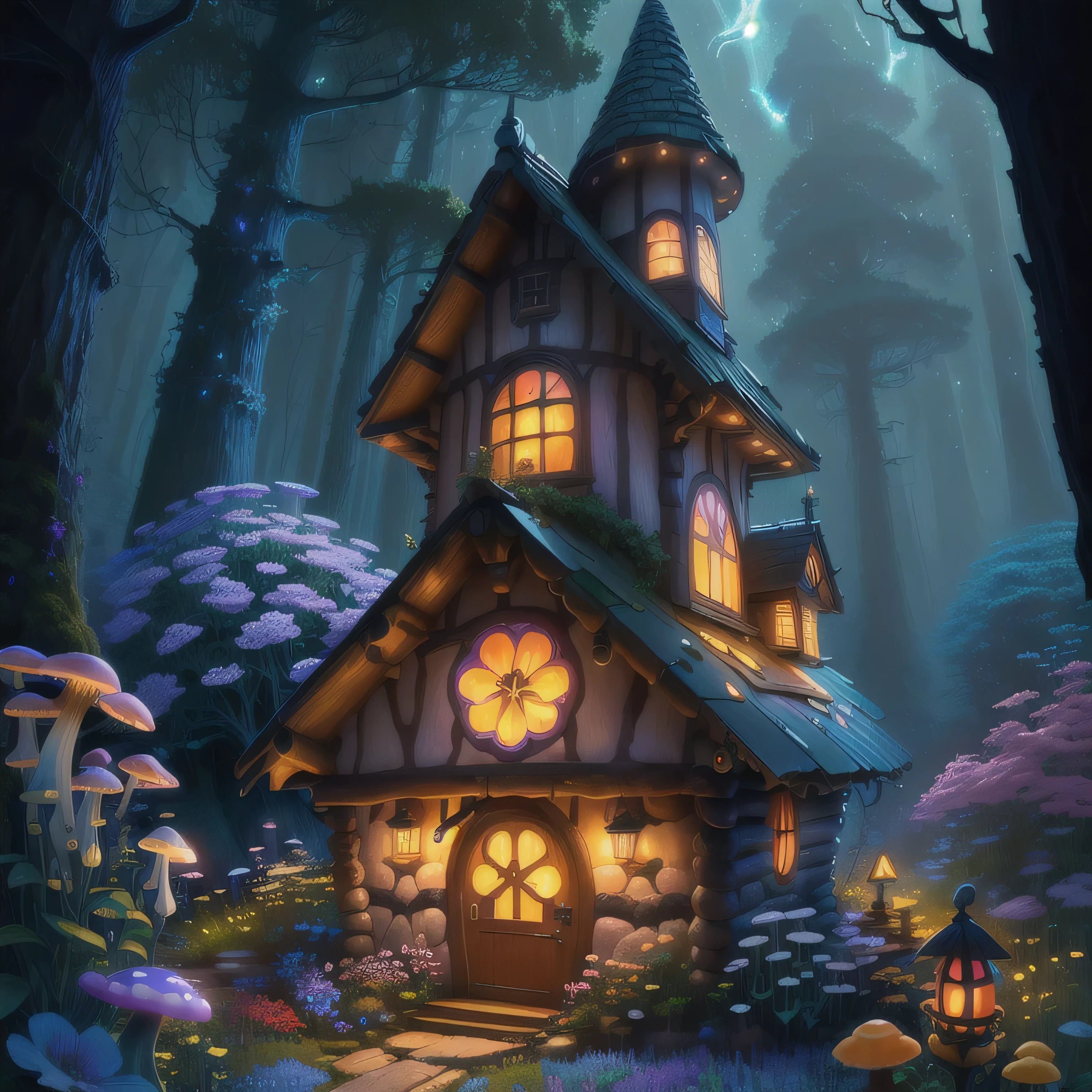 (Swirling clouds and colorful flowers), (forest firefly fantasy mushroom house), (midnight), (irregular), (Mysterious), (That's ridiculous), dream-like, disney, illustrated by thomas kinkade, art station, sharp focus, Inspiring 8k wallpapers,