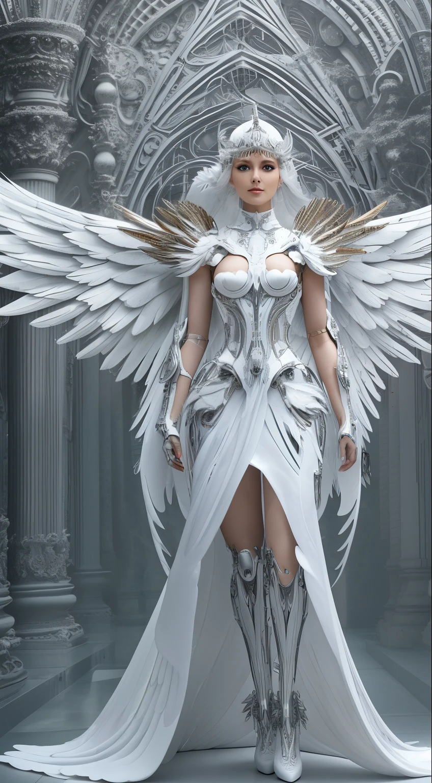 Close-up of a woman in a white dress with wings, full body angel, futuristic robot angel, amazing angel wings, angel knight gothic girl, angel in plastic armor, intricate costume designs, As a mysterious Valkyrie, Its whole body is made of white feathers,, futuristic and fantastic, white wings, beautiful angel wings, steampunk angel, beautiful cyborg angel girl, graceful wings