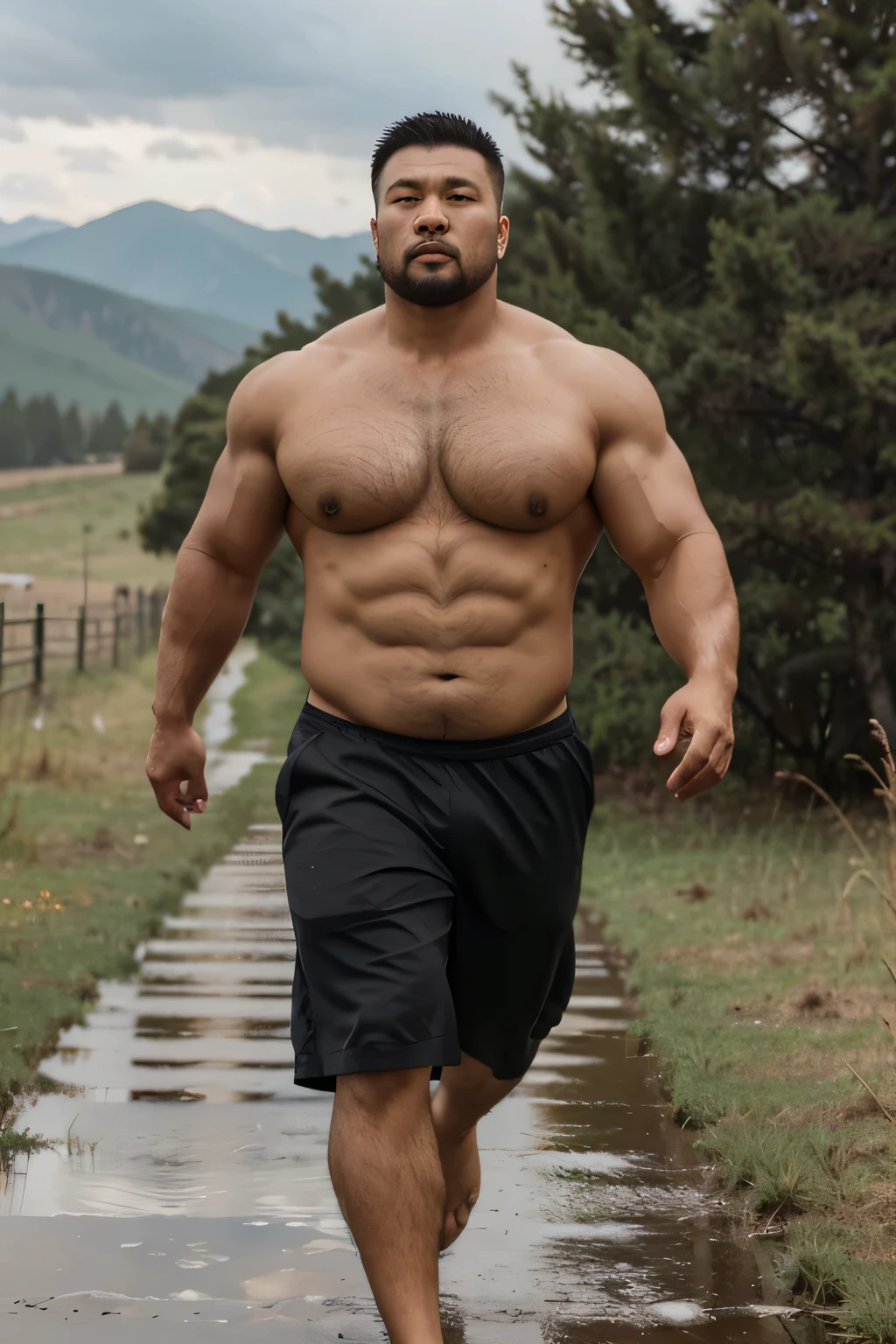 A short haired Mongolian man running on a rainy mogolian grassland, full body shot，mongol，Thick body hair, Strong masculine characteristics, sexy muscular body, partially male hairy torso,masculine and strong，sexy muscular upper body,Fat belly,light tan skin, robust stocky body, beefy, belly button showing, half man half asian black bear, potbelly, dad bod, half man half asian black bull, full body shot, background is mogolian landscape 