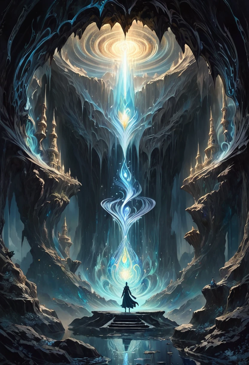 Crossing the dark cave, magic aura swirling around, masterpiece, best quality, perfect composition, very aesthetic, absurdres, ultra-detailed, intricate details, Professional, official art, Representative work