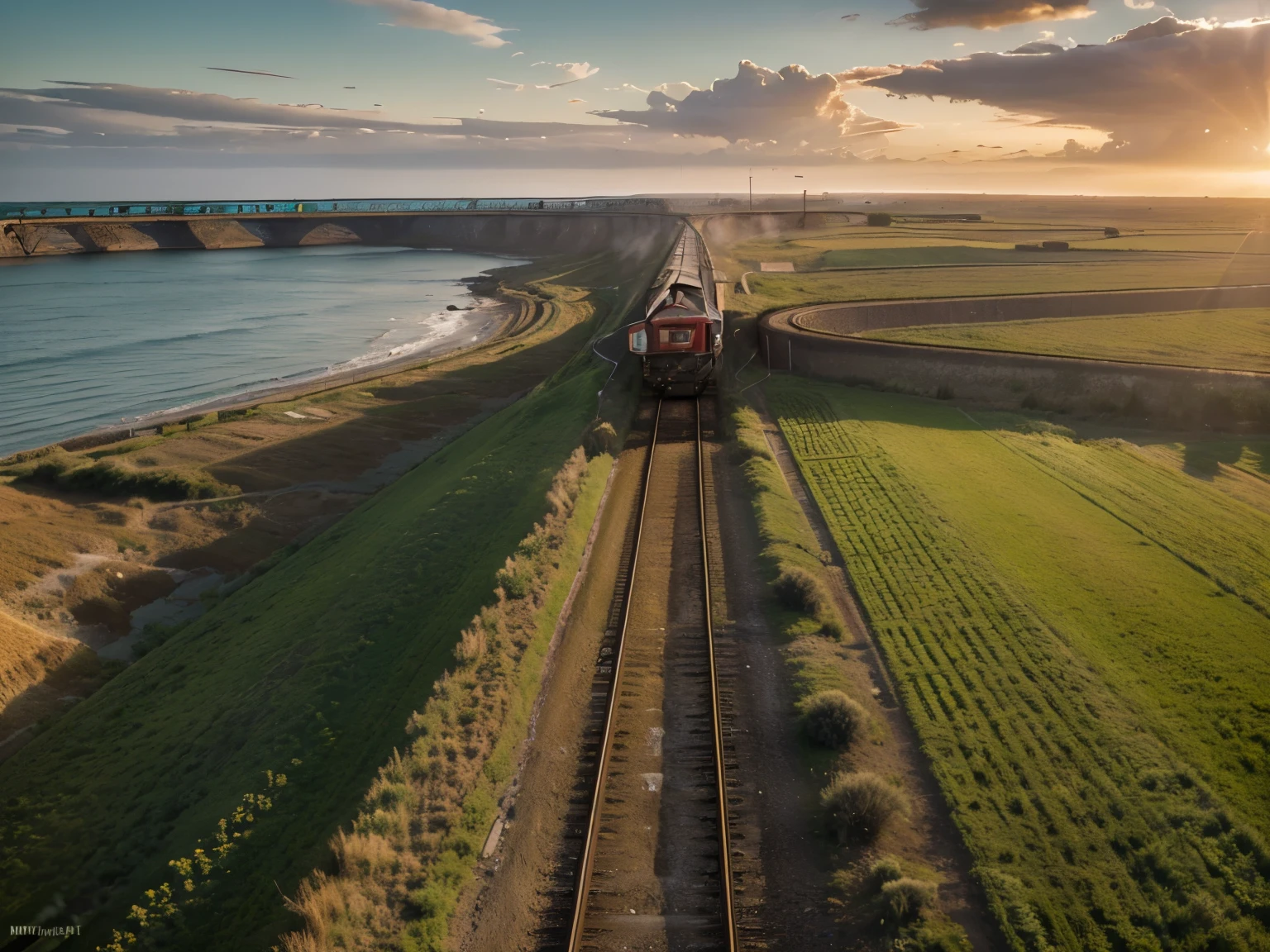 (high quality, High resolution, masterpiece:1.2), Super detailed, (actual, photoactual, photo-actual:1.37) grassland, coastal, railway, The red train enters from left to right, cinematic lighting, first-person view, vanishing point, wide shot, ray tracing