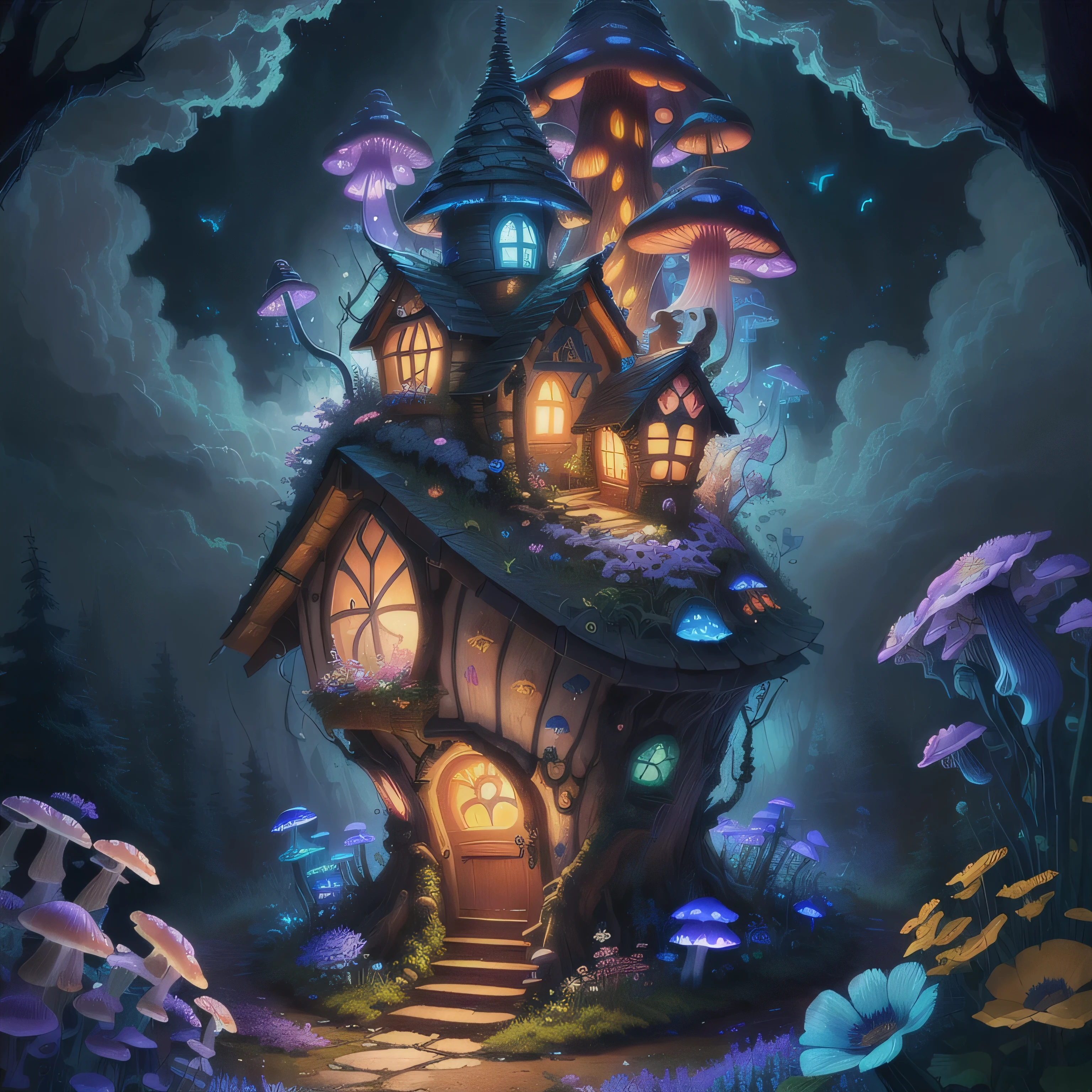 (Swirling clouds and colorful flowers), (forest firefly fantasy mushroom house), (midnight), (irregular), (Mysterious), (That's ridiculous), dream-like, disney, illustrated by thomas kinkade, art station, sharp focus, Inspiring 8k wallpapers,