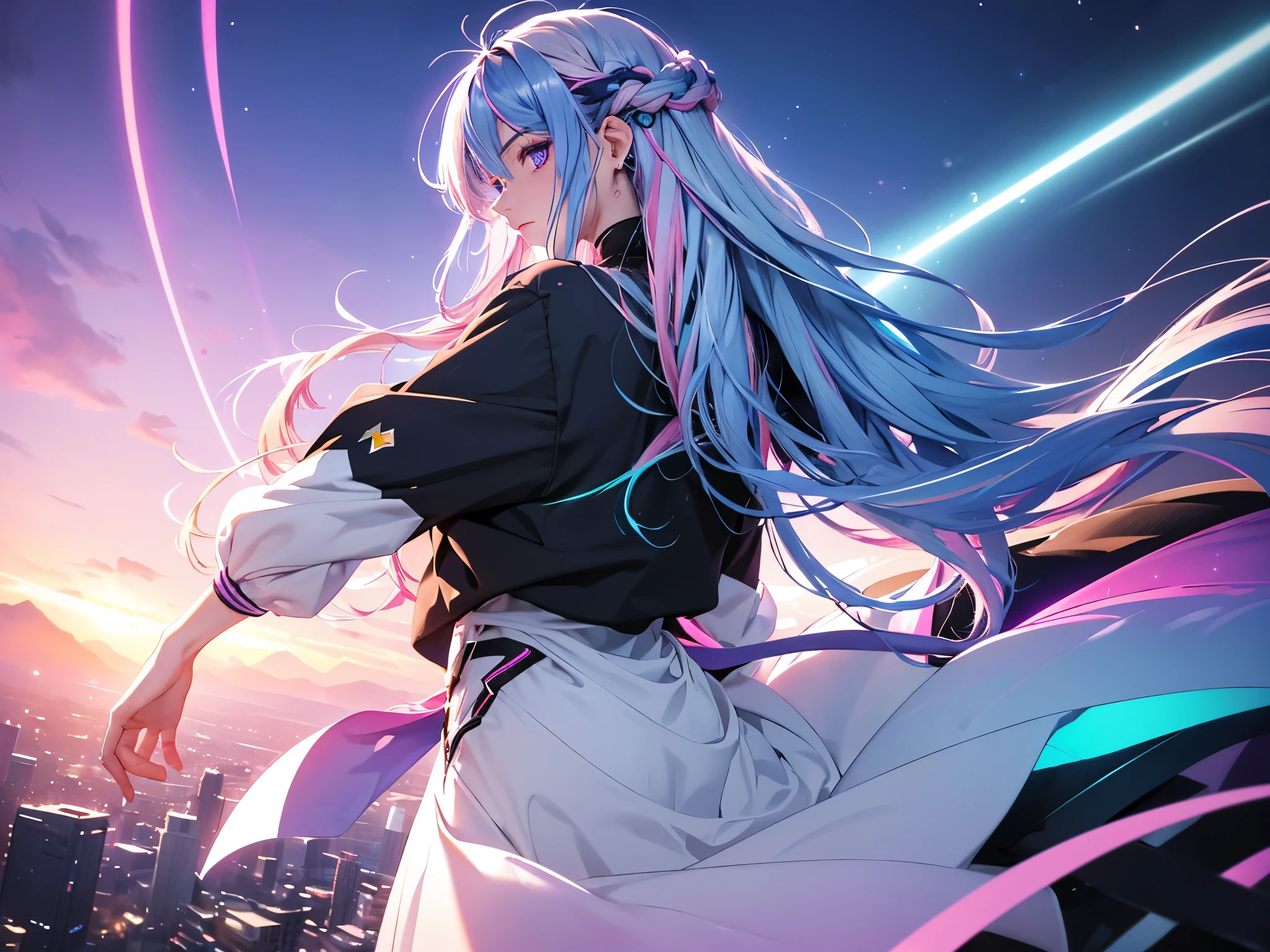 1 girl, 20 year old girl, one person, (Silver blue hair streaked pink purple:1.4), (Gradient sky blue hair ends:1.6), hair strand, absurdly long hair, single sidelock, wavy hair, shiny hair, floating hair, (Illusion deep purple eyes), delicate eyes, aqua eyes, High like real eyes, ((glowing eyes)), makeup, Focus on face, Very detailed facial, hot body, Random environment, Random pose, on the street, looking at the starry night sky, meteor, Technical clothing masterpiece, White extra long skirt, several cross stars beside, Colored lights swirl around the body, (((Extra super huge colorful extra super complex multiple glowing magic circle upright on the back of the head))), cyberpunk, full body shot, realism, chiaroscuro, (glowing light), sparkle, ray tracing, cinematic lighting, Futurism, motion blur, Ultra-Wide Angle, god rays, atmospheric perspective, best quality, UHD, super detail, masterpiece, highres, ccurate, retina
