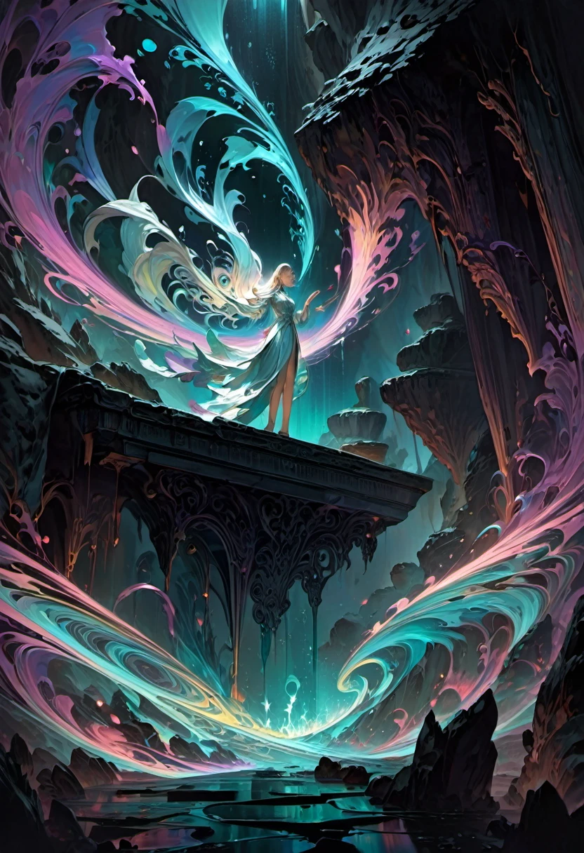 Crossing the dark cave, magic aura swirling around, masterpiece, best quality, perfect composition, very aesthetic, absurdres, ultra-detailed, intricate details, Professional, official art, Representative work