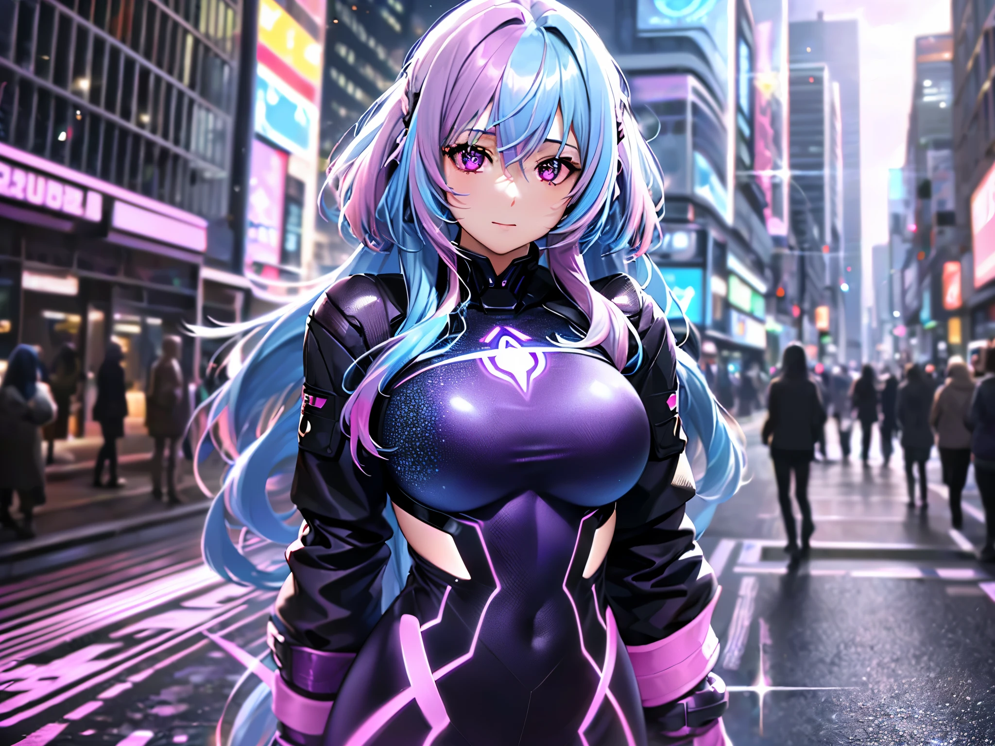 1 girl, 20 year old girl, one person, (Silver blue hair streaked pink purple:1.4), (Gradient sky blue hair ends:1.6), hair strand, absurdly long hair, single sidelock, wavy hair, shiny hair, floating hair, (Illusion deep purple eyes), delicate eyes, aqua eyes, High like real eyes, ((glowing eyes)), makeup, Focus on face, Very detailed facial, hot body, Random environment, Random pose, on the street, looking at the starry night sky, meteor, Technical clothing masterpiece, White extra long skirt, several cross stars beside, Colored lights swirl around the body, (((Extra super huge colorful extra super complex multiple glowing magic circle upright on the back of the head))), cyberpunk, full body shot, realism, chiaroscuro, (glowing light), sparkle, ray tracing, cinematic lighting, Futurism, motion blur, Ultra-Wide Angle, god rays, atmospheric perspective, best quality, UHD, super detail, masterpiece, highres, ccurate, retina