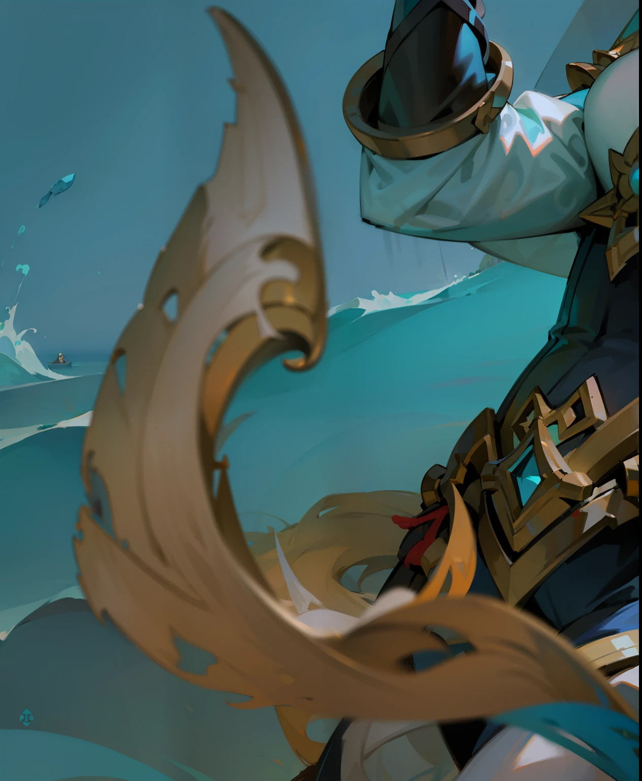 a woman，Queen of the Sea Mu Yanling, One Piece, character splash art, League of Legends style, League of Legends art style, wild rift, Legends of Runeterra, mobile legends, g liulian art style, Official splash art,In the sea，huge waves，Behind the boat，Heavy rain day，On the sea，clear structure，Exquisite facial features，captain，Side back，Holding the staff