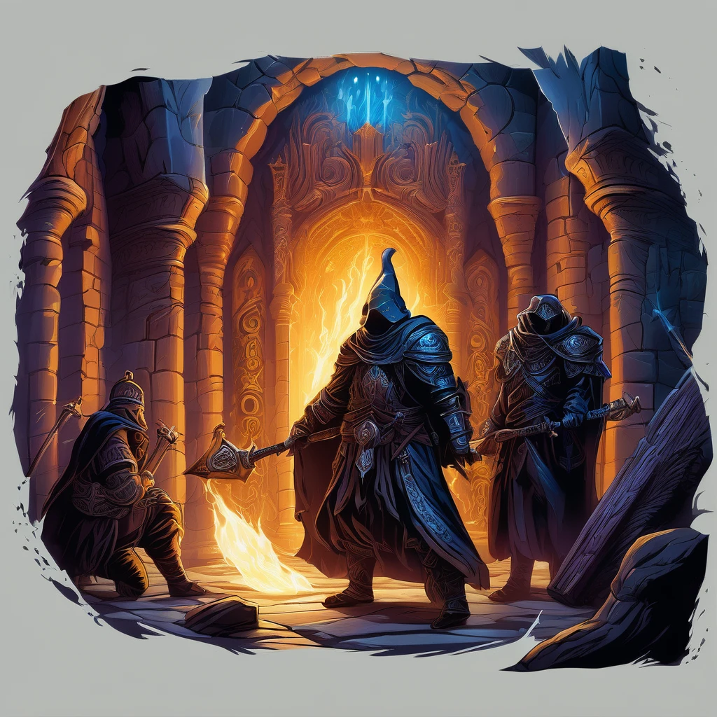 Dungeons & Dragons, aesthetic, dungeons and dragons, A group of adventurers exploring a mystical dungeon, illuminated by flickering torchlight, (dark and gloomy, mysterious ambiance). The walls are covered in intricate, ancient carvings, telling a story of long-lost civilizations. The air is thick with magical energy, shimmering and (mystical, enchanting). The adventurers wear (sturdy, battle-worn) armor, each carrying unique and powerful weapons. They cautiously proceed deeper into the dungeon, (with an air of determination, their hearts full of excitement and anticipation). Shadows dance and move in the corners, revealing lurking creatures hidden in the darkness. The sound of dripping water echoes through the cavern, adding to the eerie atmosphere. The adventurers face (ferocious, monstrous) creatures, engaging in intense battles filled with spells, slashing blades, and mighty blows. The scene is captured in a stunning (detailed, lifelike) painting, reminiscent of fantasy illustrations from role-playing games. The colors are rich and vibrant, portraying the vivid magic, the dark shadows, and the gleaming armor. The lighting is strategically placed, accentuating the highlights and creating a sense of depth. The overall quality of the artwork is (masterpiece:1.2), with incredible attention to detail, ensuring that every element is rendered with (realistic, photorealistic:1.37) precision.